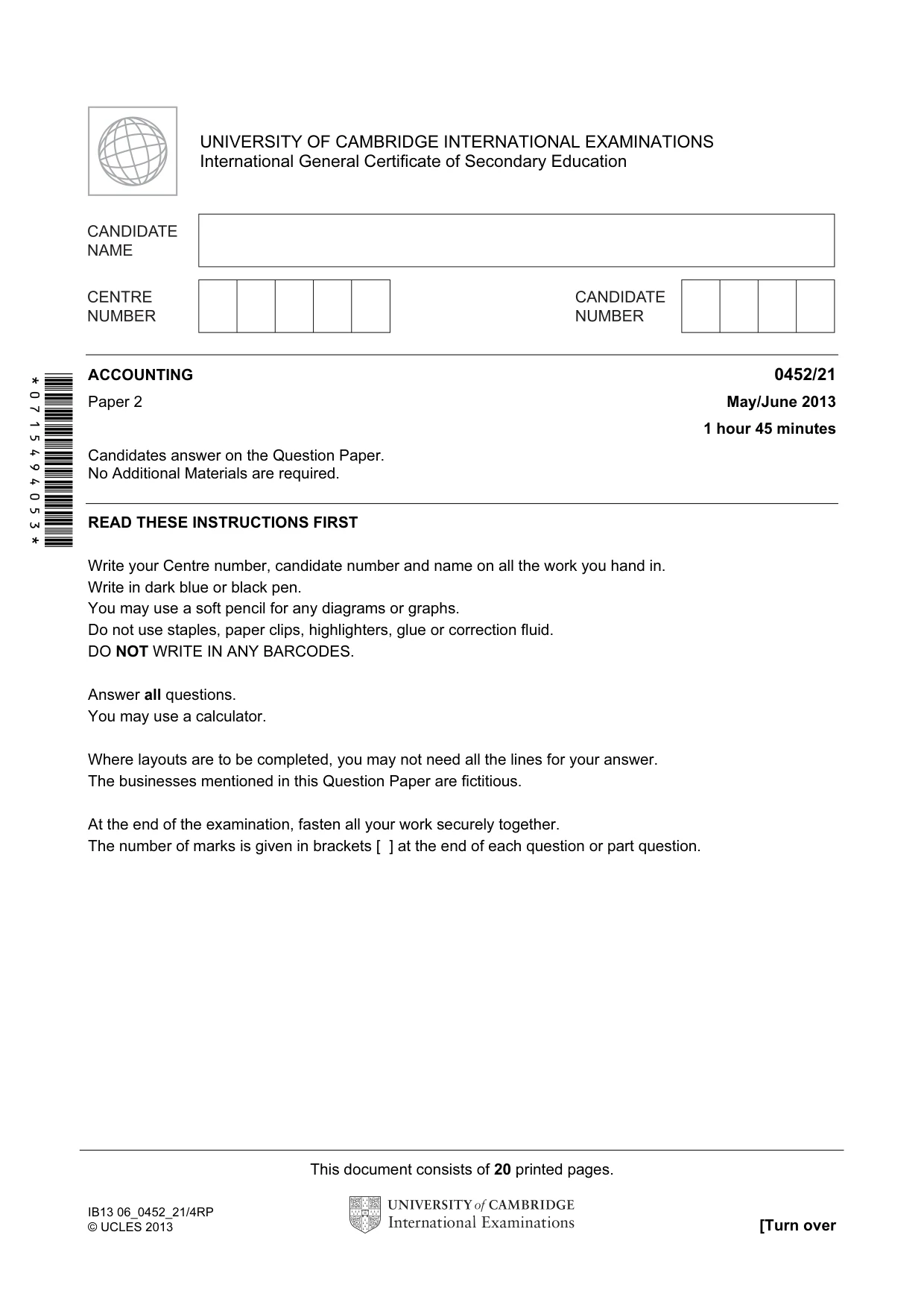 Cambridge IGCSE Accounting 0452 2013 May/June Paper 2 · Variant 1 question paper, page 1 of 20