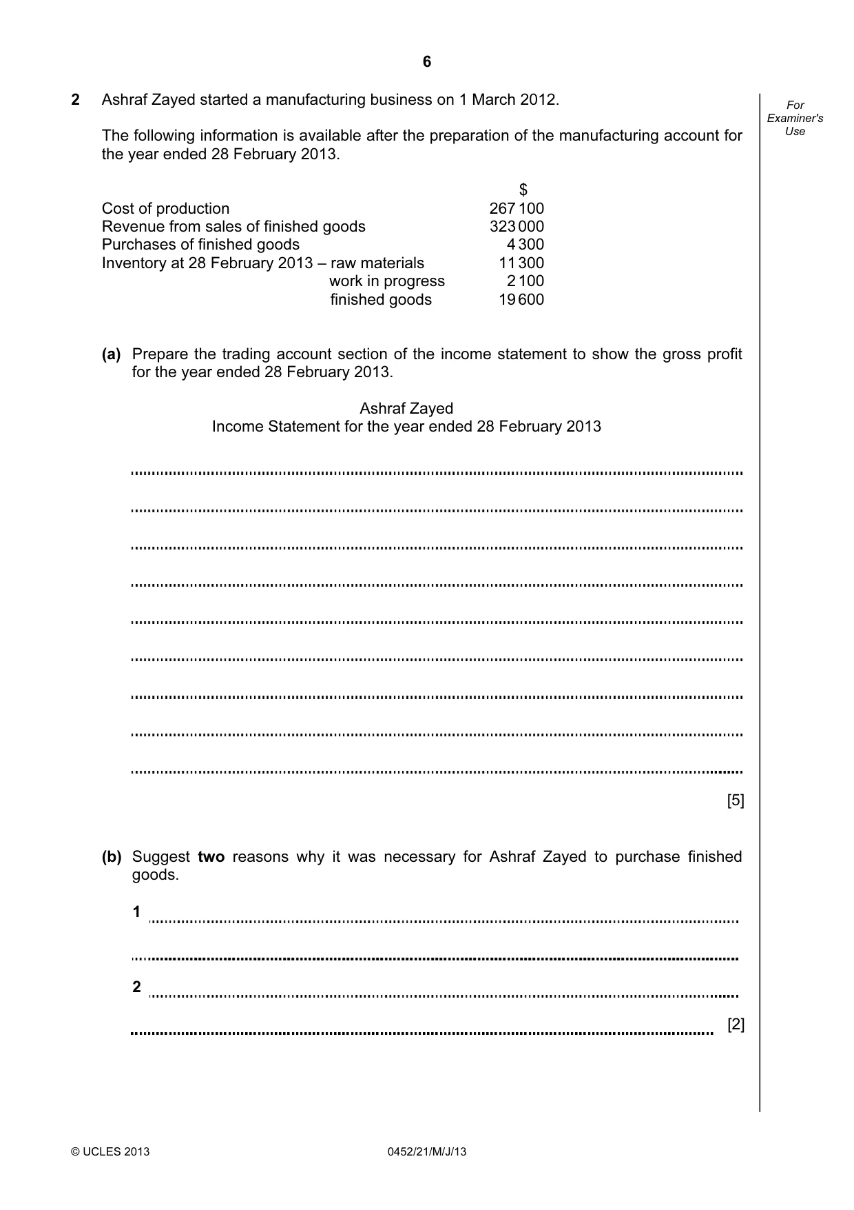 Cambridge IGCSE Accounting 0452 2013 May/June Paper 2 · Variant 1 question paper, page 6 of 20