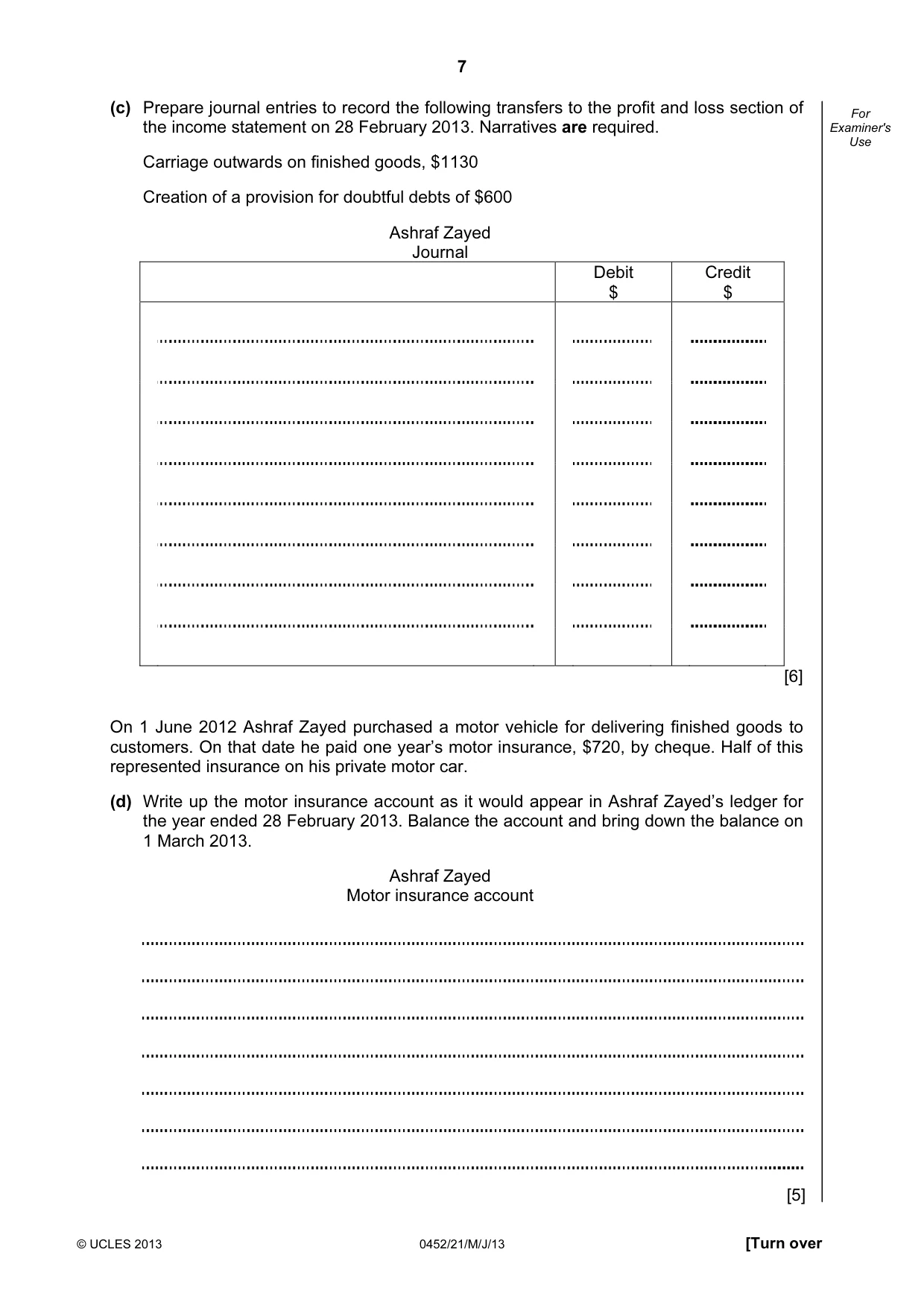 Cambridge IGCSE Accounting 0452 2013 May/June Paper 2 · Variant 1 question paper, page 7 of 20