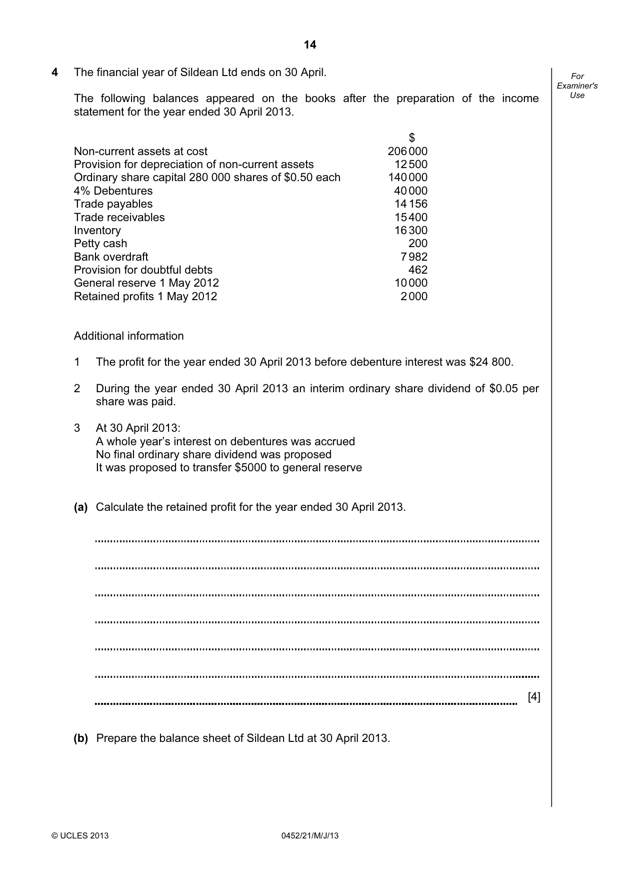 Cambridge IGCSE Accounting 0452 2013 May/June Paper 2 · Variant 1 question paper, page 14 of 20