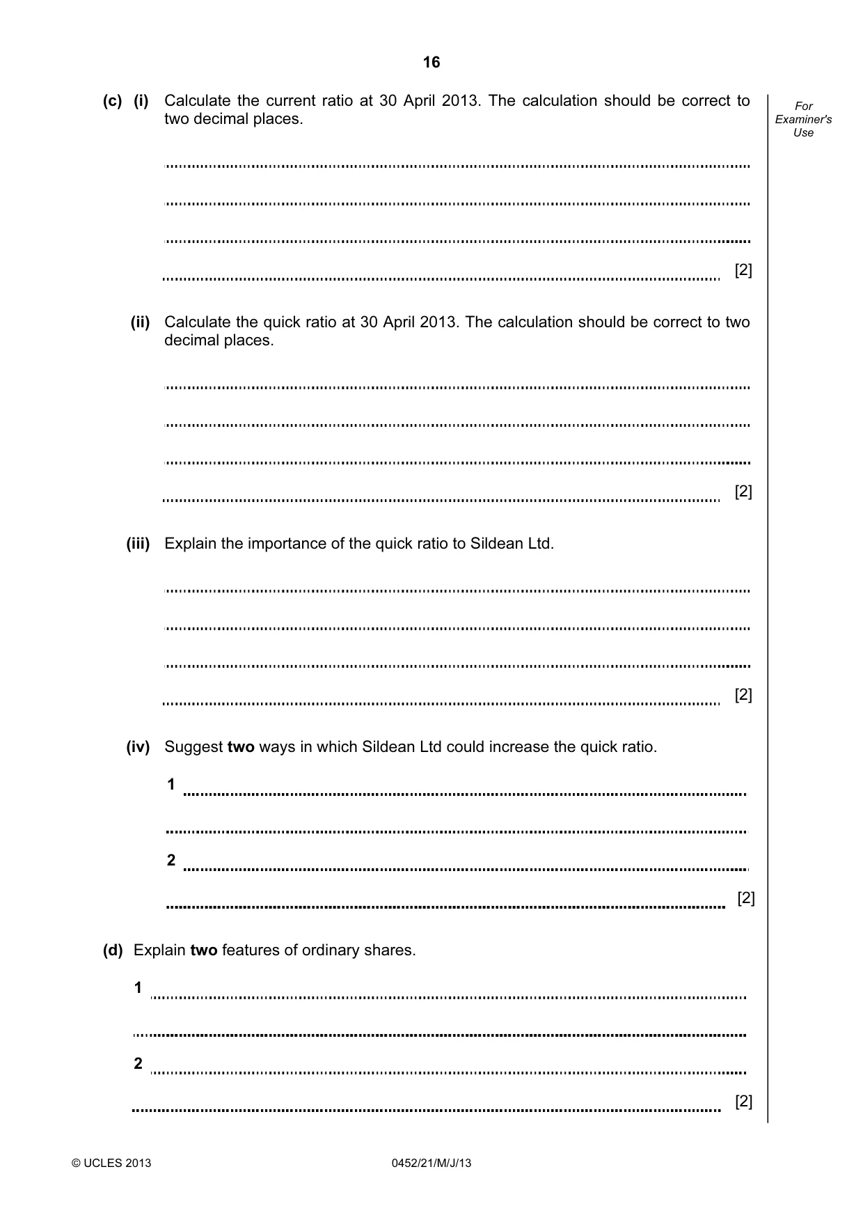 Cambridge IGCSE Accounting 0452 2013 May/June Paper 2 · Variant 1 question paper, page 16 of 20