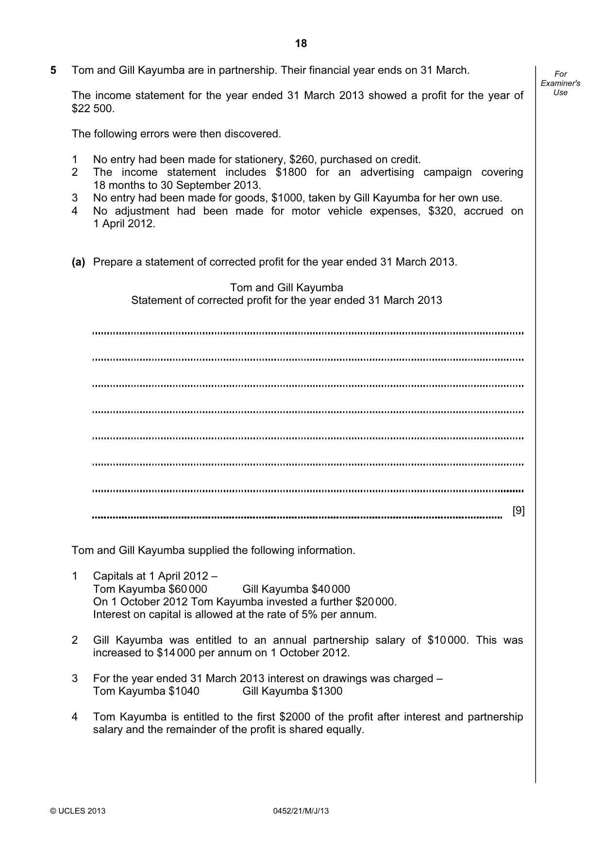Cambridge IGCSE Accounting 0452 2013 May/June Paper 2 · Variant 1 question paper, page 18 of 20