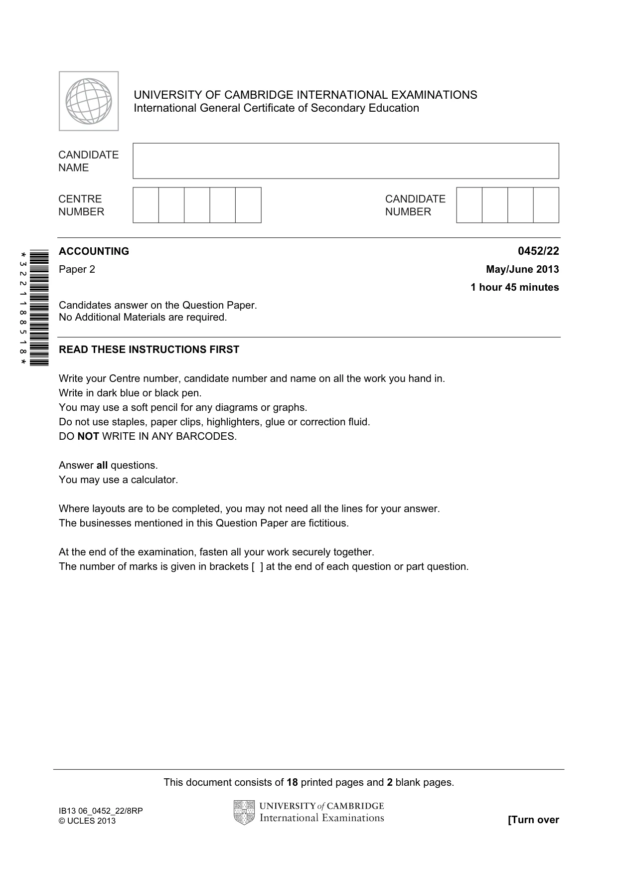 Cambridge IGCSE Accounting 0452 2013 May/June Paper 2 · Variant 2 question paper, page 1 of 20