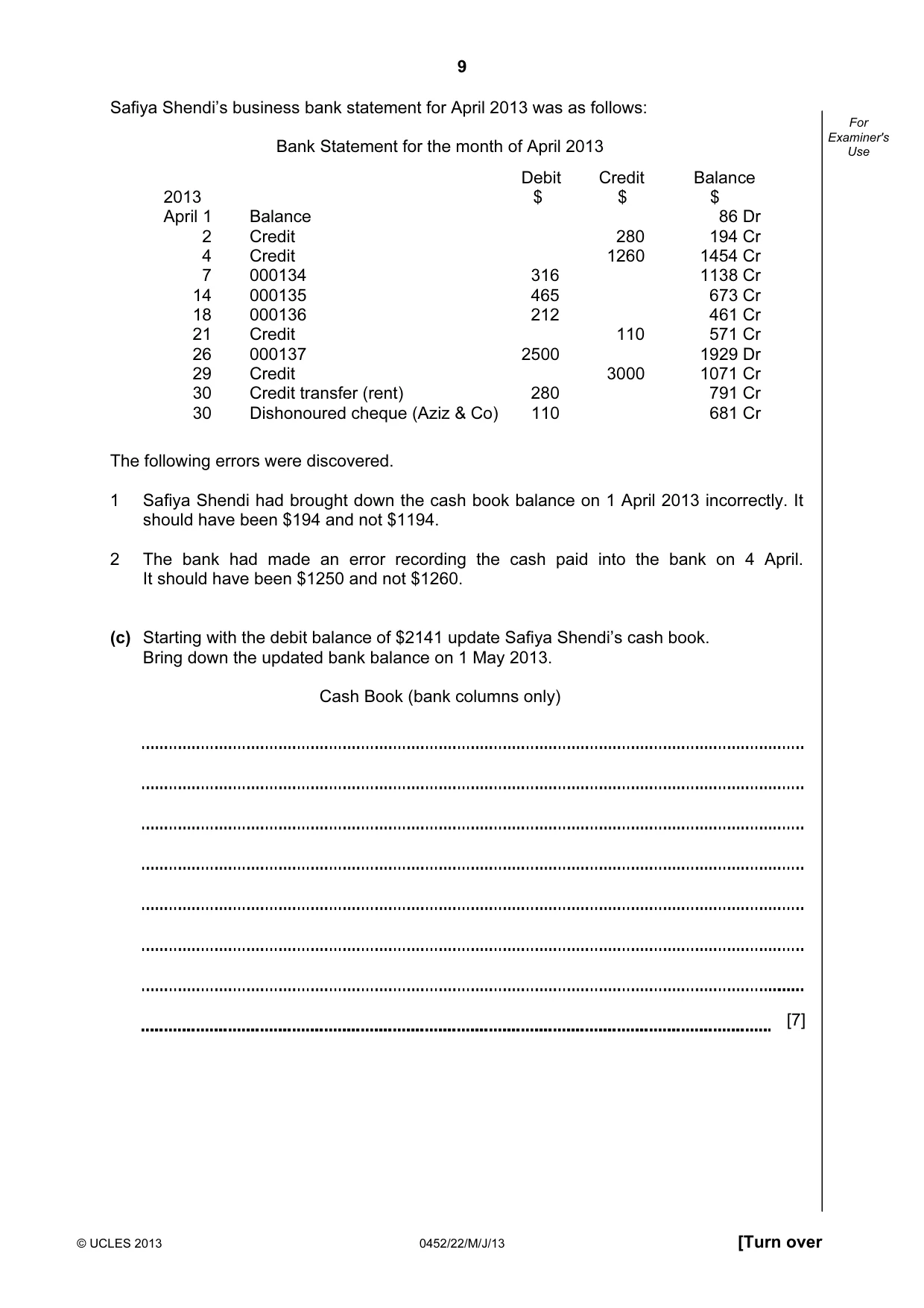 Cambridge IGCSE Accounting 0452 2013 May/June Paper 2 · Variant 2 question paper, page 9 of 20