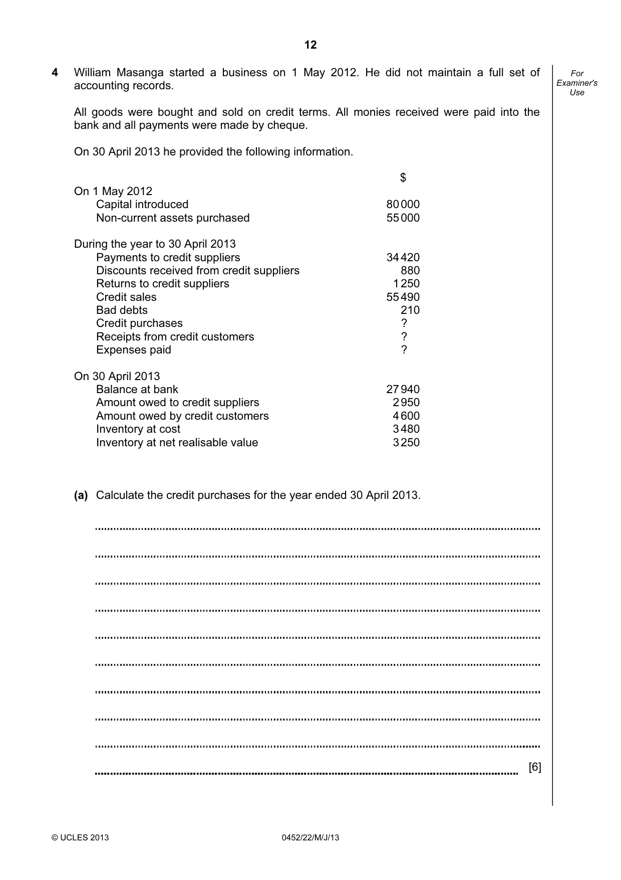 Cambridge IGCSE Accounting 0452 2013 May/June Paper 2 · Variant 2 question paper, page 12 of 20