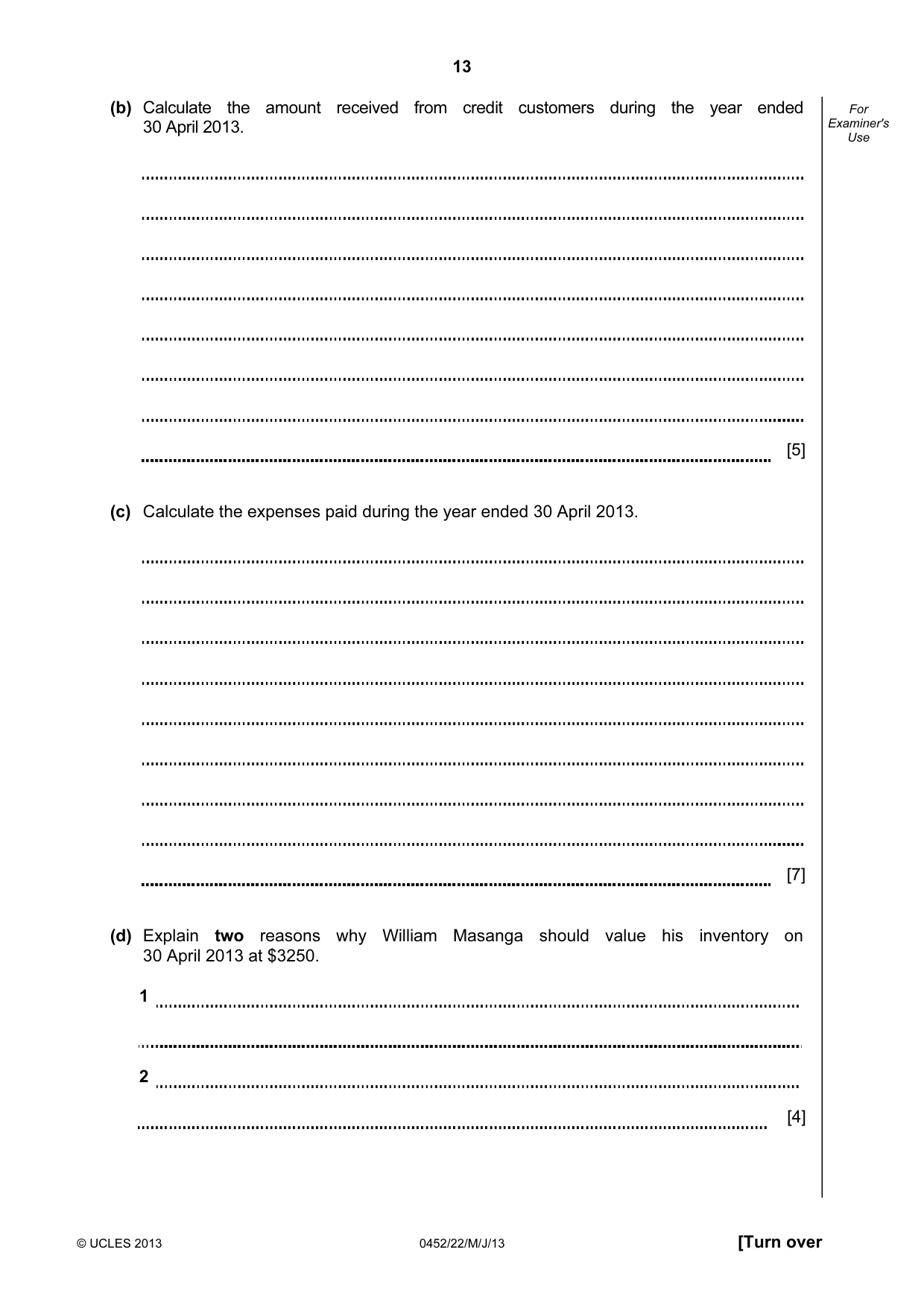 Cambridge IGCSE Accounting 0452 2013 May/June Paper 2 · Variant 2 question paper, page 13 of 20