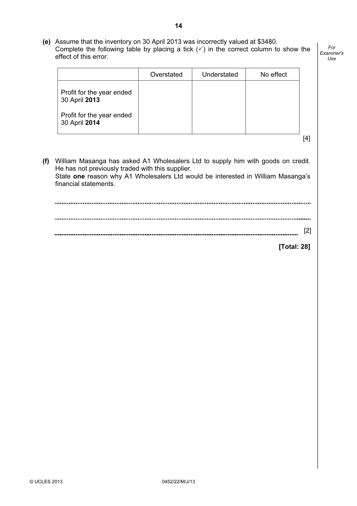 Cambridge IGCSE Accounting 0452 2013 May/June Paper 2 · Variant 2 question paper, page 14 of 20