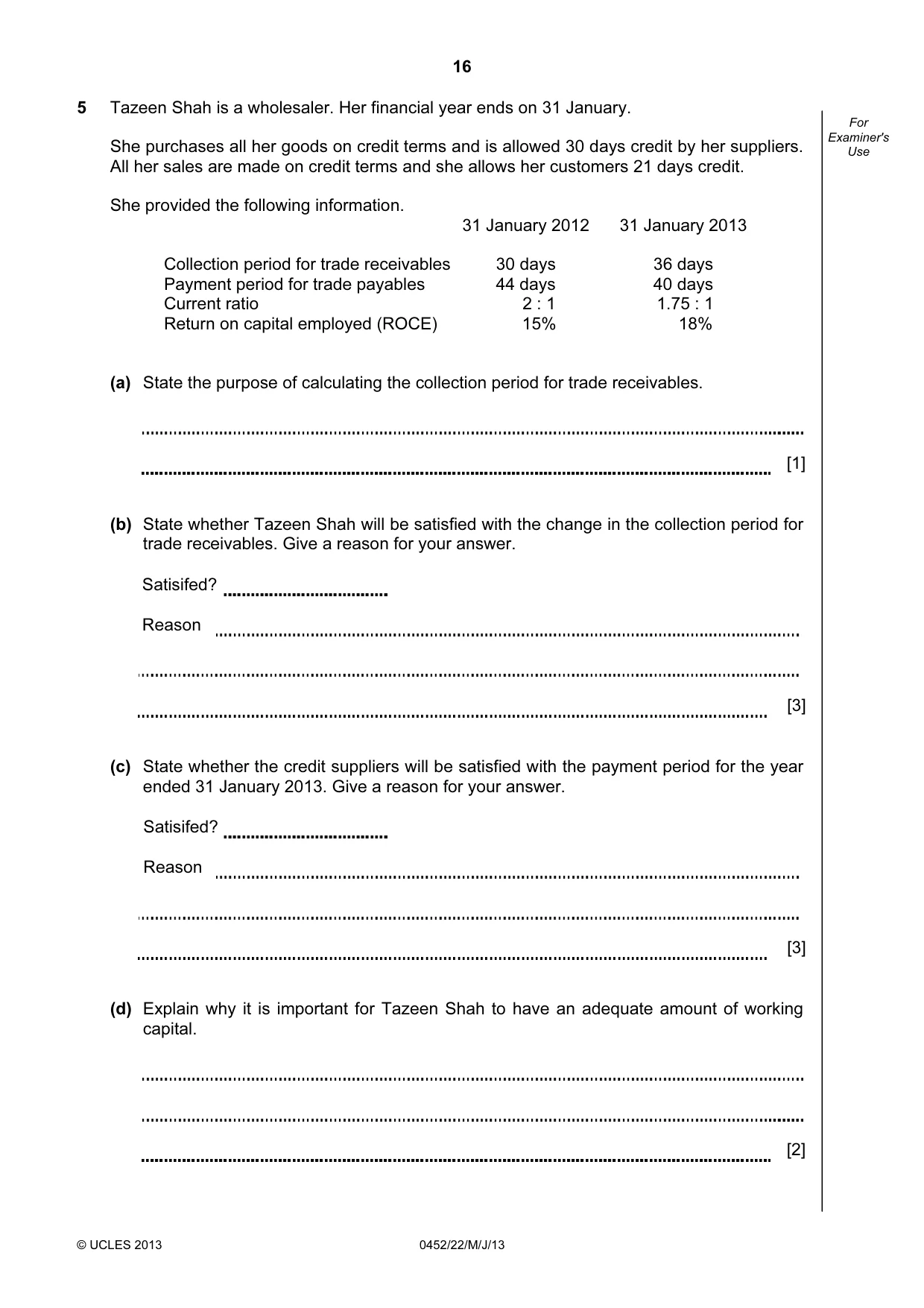 Cambridge IGCSE Accounting 0452 2013 May/June Paper 2 · Variant 2 question paper, page 16 of 20