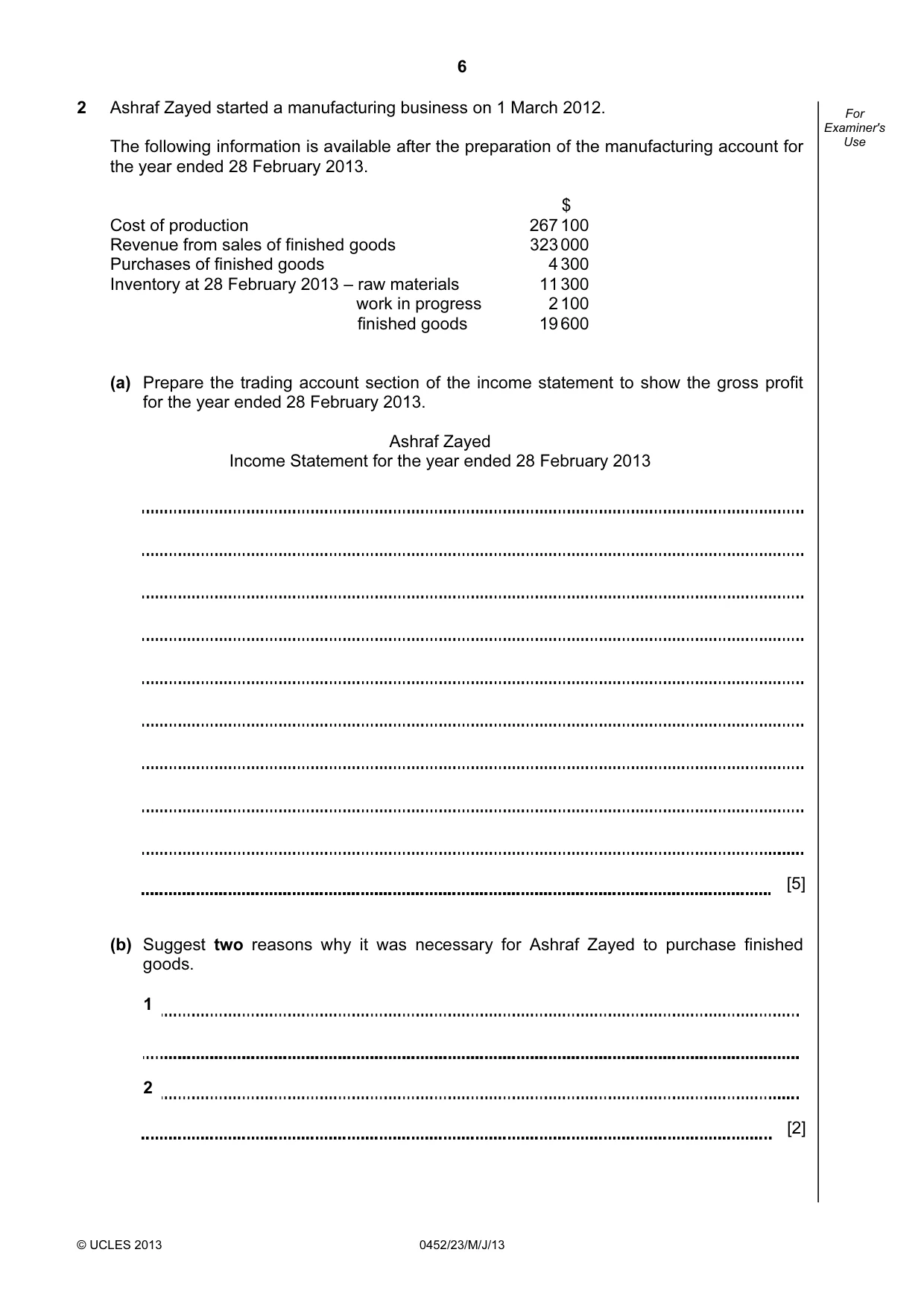 Cambridge IGCSE Accounting 0452 2013 May/June Paper 2 · Variant 3 question paper, page 6 of 20