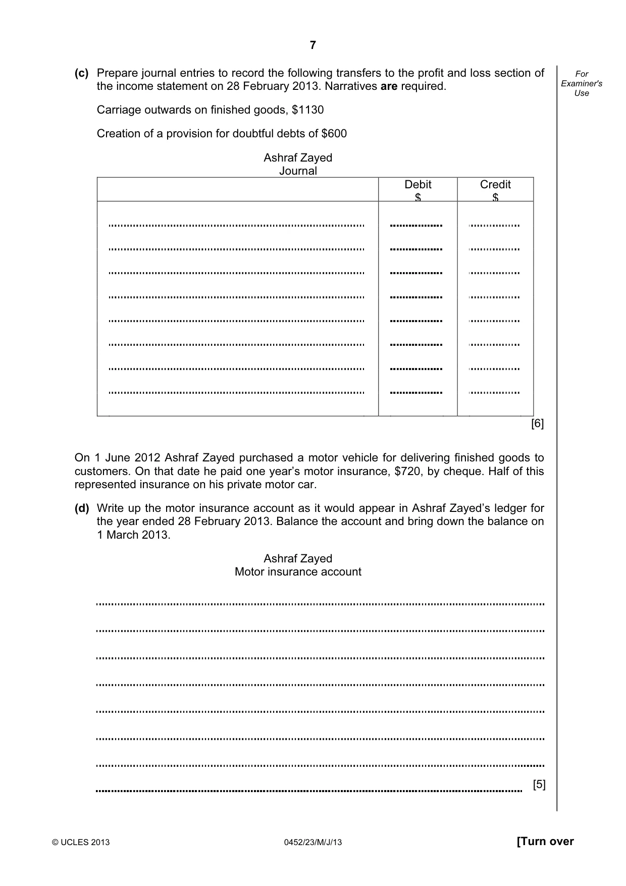 Cambridge IGCSE Accounting 0452 2013 May/June Paper 2 · Variant 3 question paper, page 7 of 20