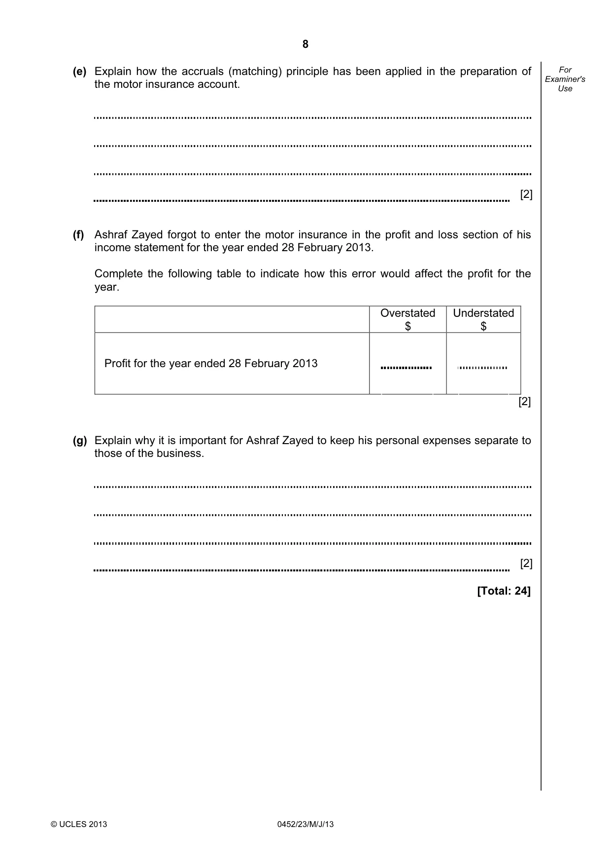 Cambridge IGCSE Accounting 0452 2013 May/June Paper 2 · Variant 3 question paper, page 8 of 20