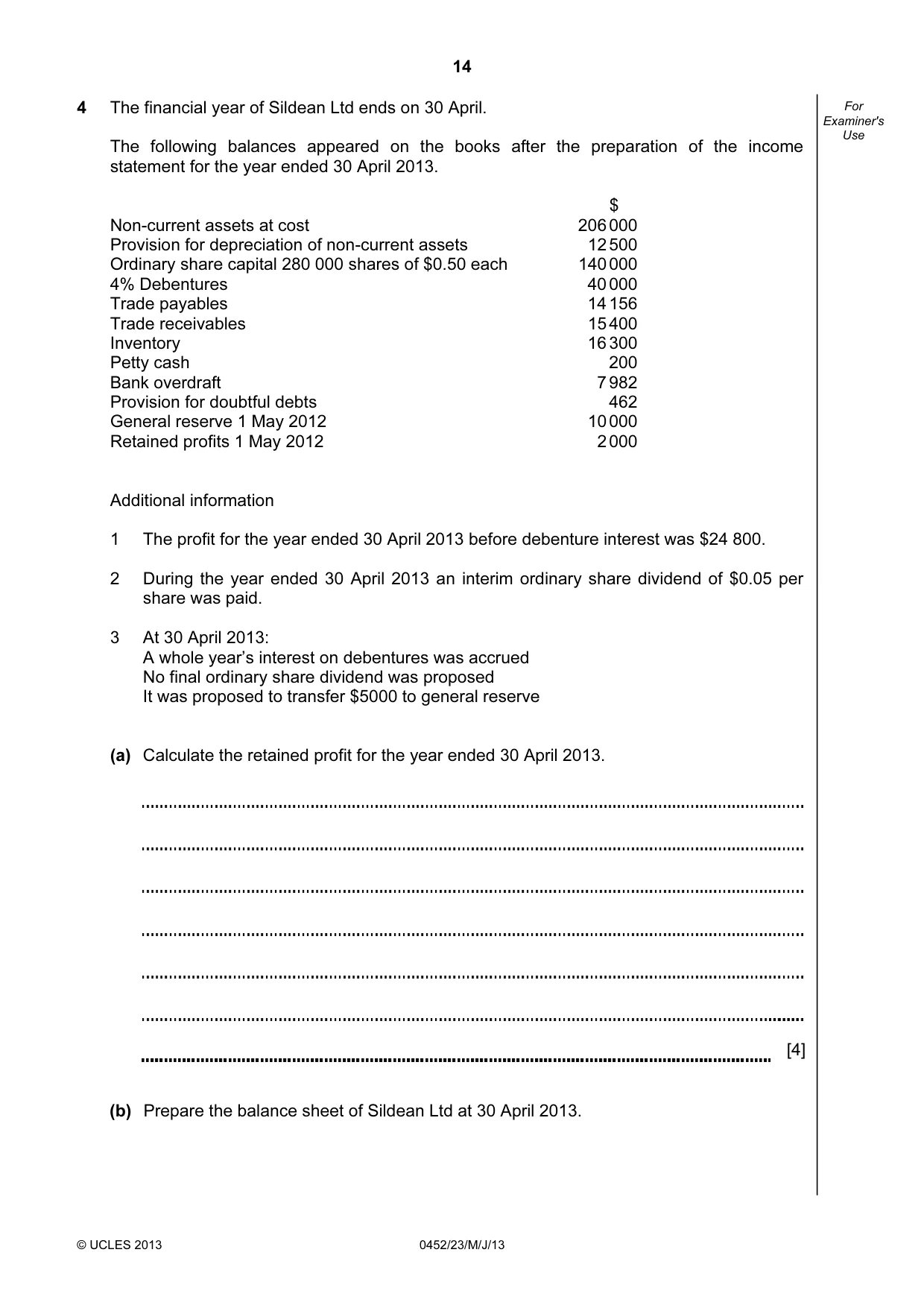 Cambridge IGCSE Accounting 0452 2013 May/June Paper 2 · Variant 3 question paper, page 14 of 20