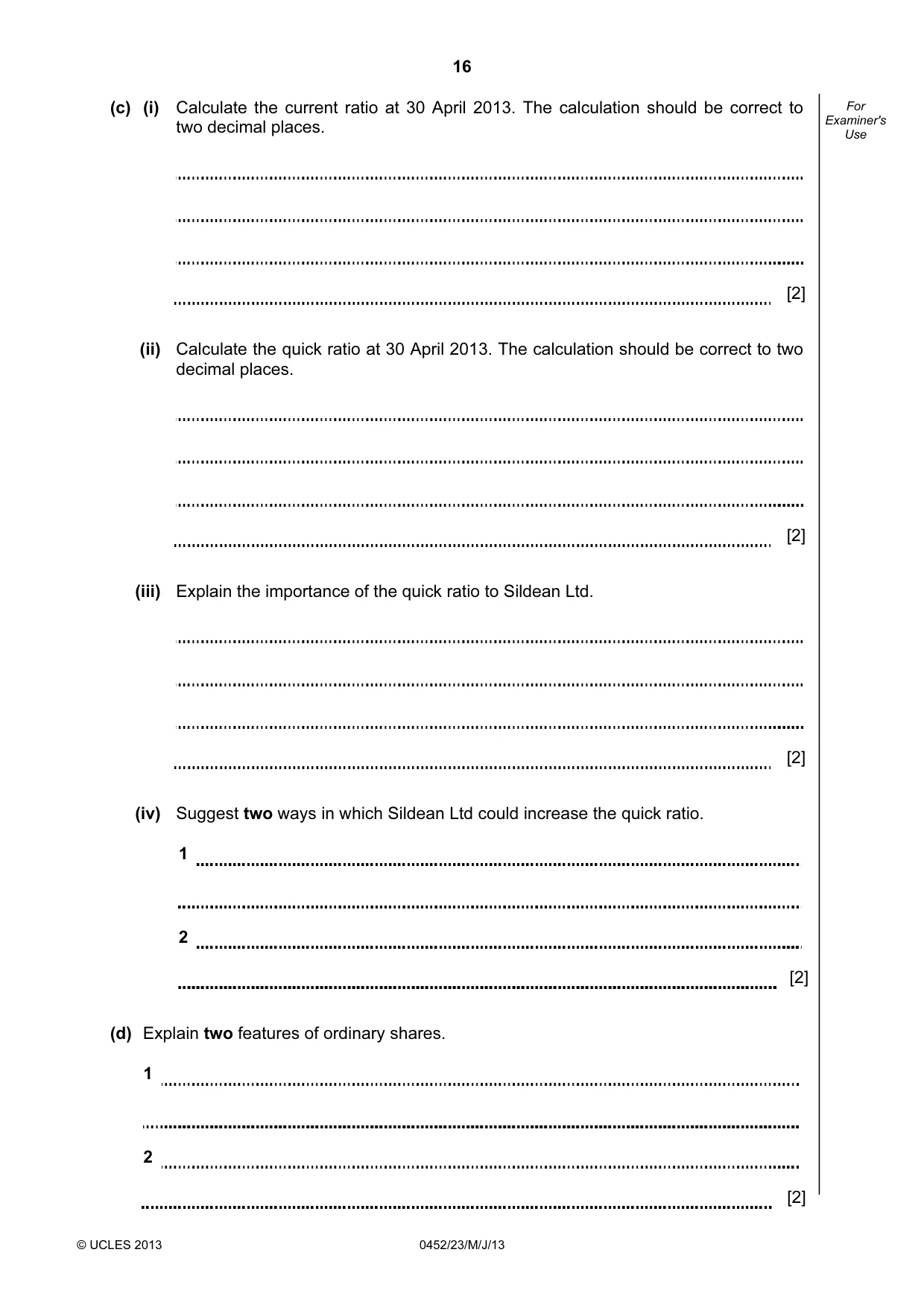 Cambridge IGCSE Accounting 0452 2013 May/June Paper 2 · Variant 3 question paper, page 16 of 20