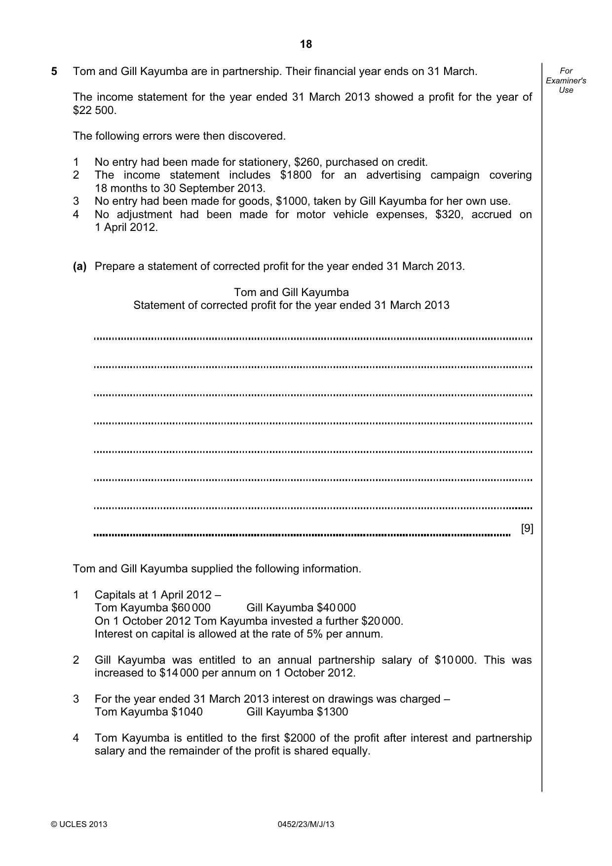 Cambridge IGCSE Accounting 0452 2013 May/June Paper 2 · Variant 3 question paper, page 18 of 20