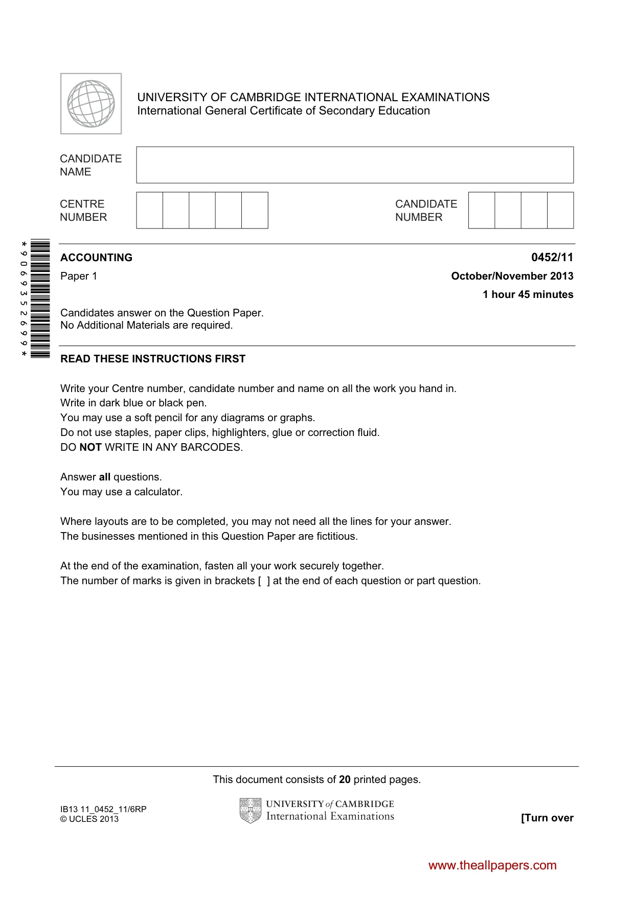 Cambridge IGCSE Accounting 0452 2013 Oct/Nov Paper 1 · Variant 1 question paper, page 1 of 20