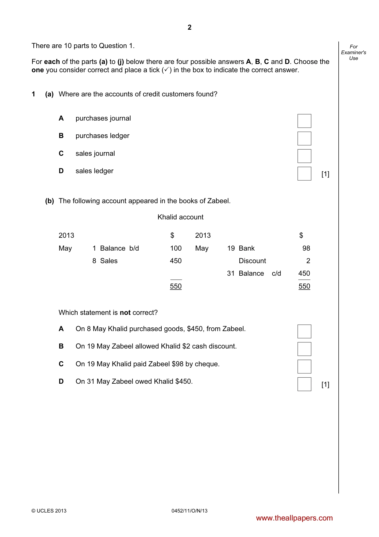 Cambridge IGCSE Accounting 0452 2013 Oct/Nov Paper 1 · Variant 1 question paper, page 2 of 20