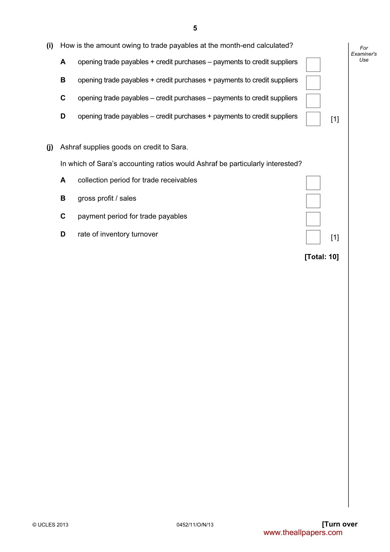 Cambridge IGCSE Accounting 0452 2013 Oct/Nov Paper 1 · Variant 1 question paper, page 5 of 20