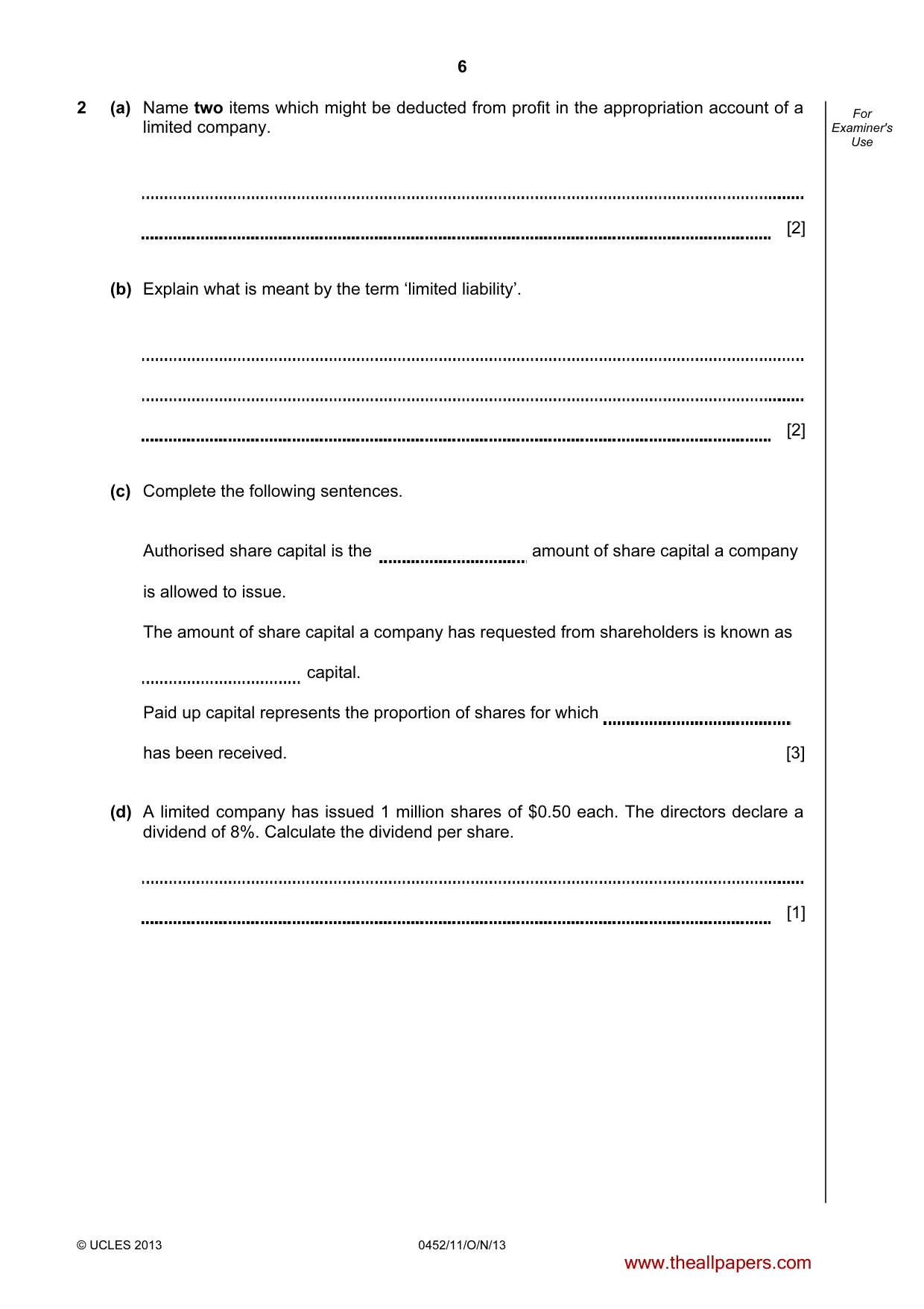 Cambridge IGCSE Accounting 0452 2013 Oct/Nov Paper 1 · Variant 1 question paper, page 6 of 20