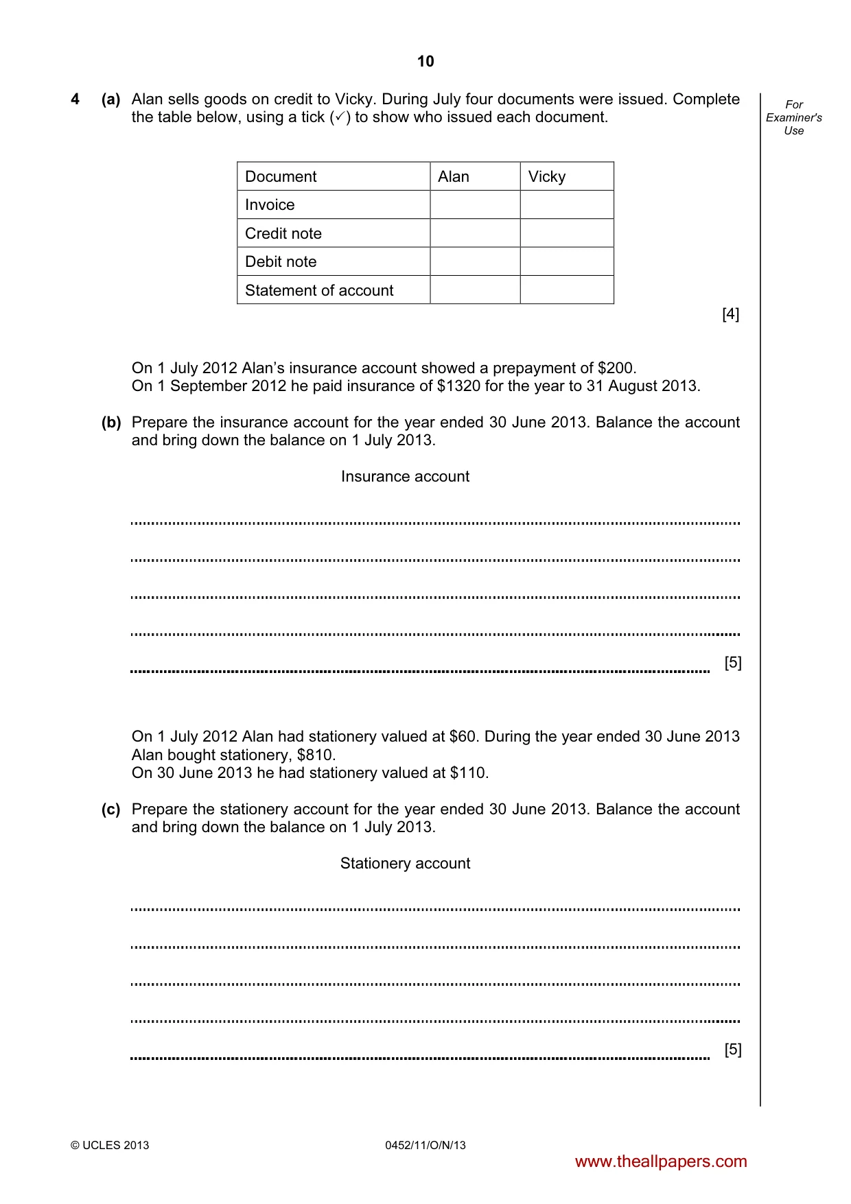 Cambridge IGCSE Accounting 0452 2013 Oct/Nov Paper 1 · Variant 1 question paper, page 10 of 20