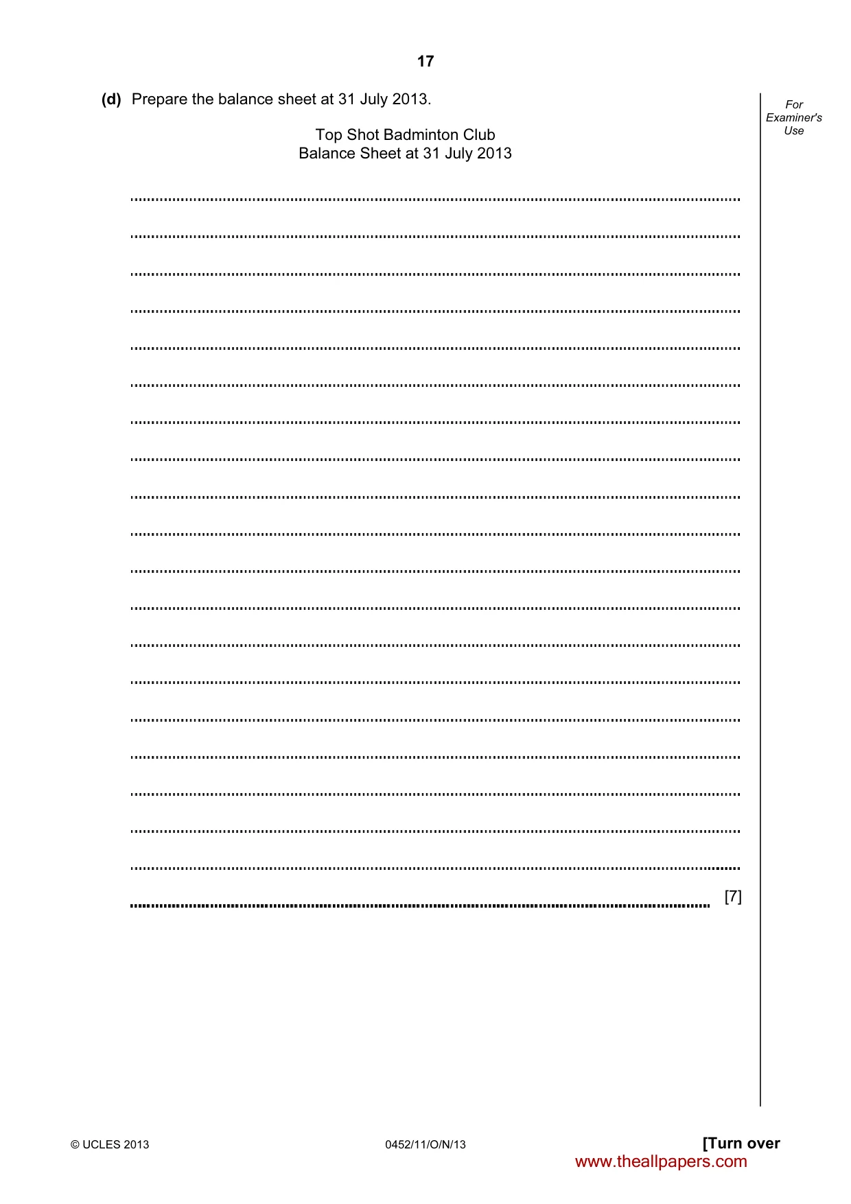 Cambridge IGCSE Accounting 0452 2013 Oct/Nov Paper 1 · Variant 1 question paper, page 17 of 20