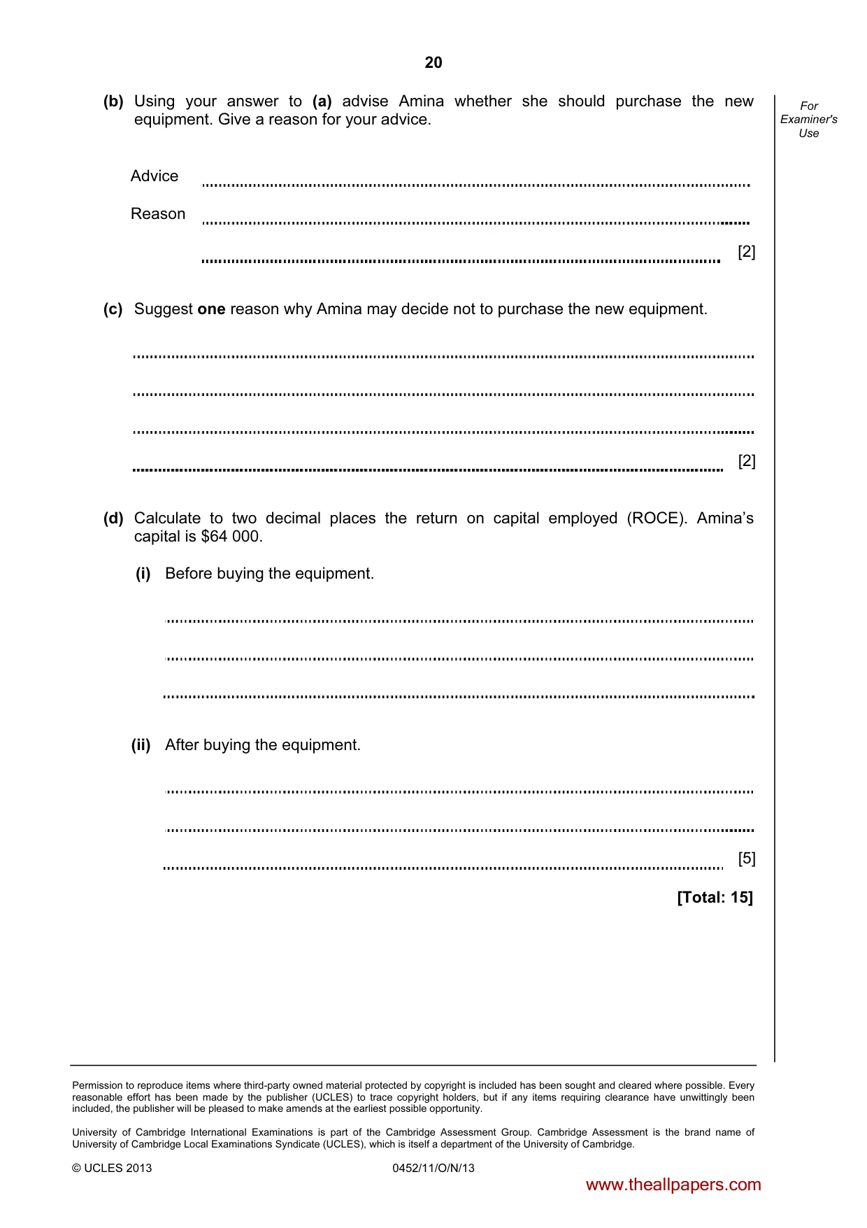 Cambridge IGCSE Accounting 0452 2013 Oct/Nov Paper 1 · Variant 1 question paper, page 20 of 20