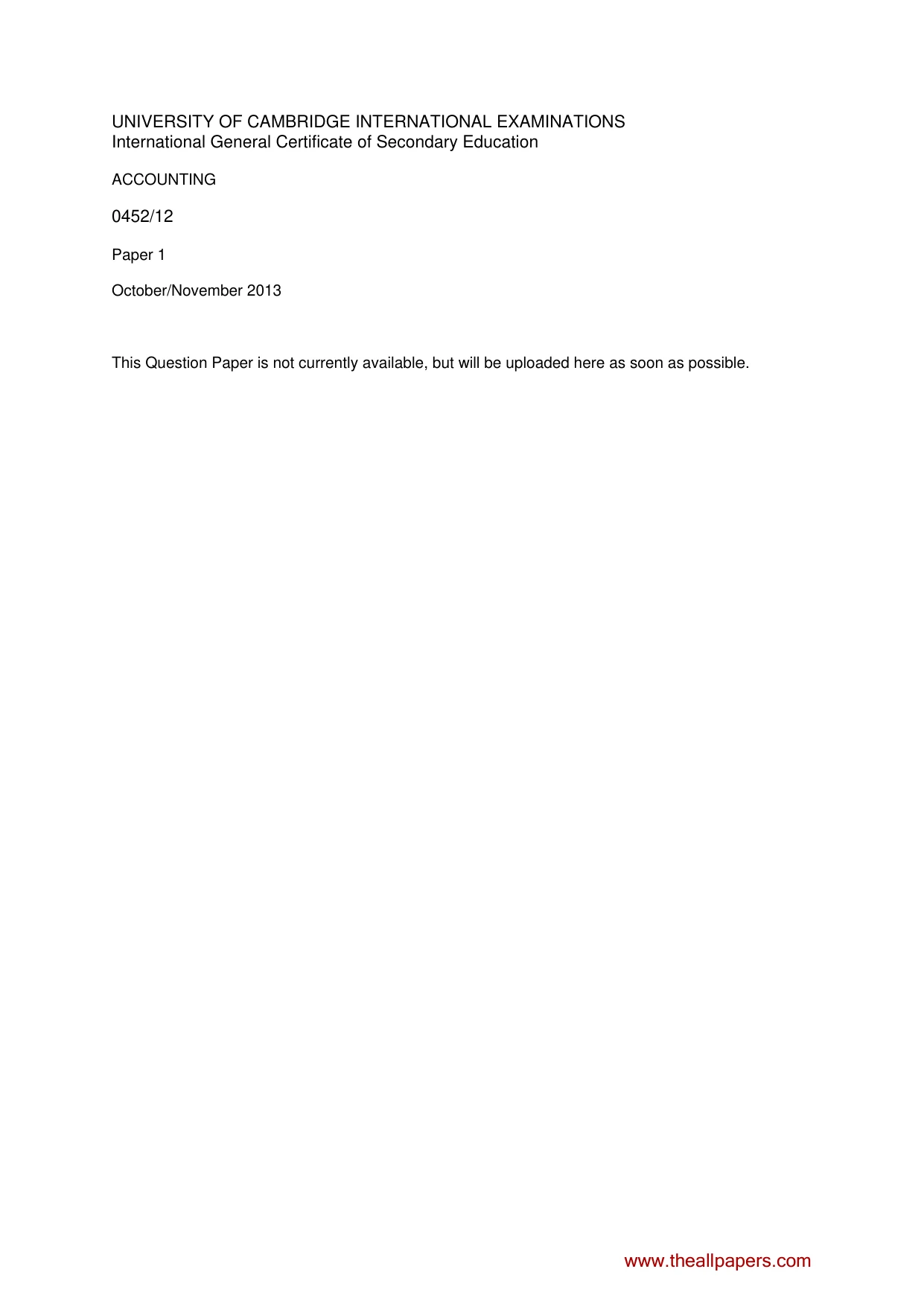 Cambridge IGCSE Accounting 0452 2013 Oct/Nov Paper 1 · Variant 2 question paper, page 1 of 1