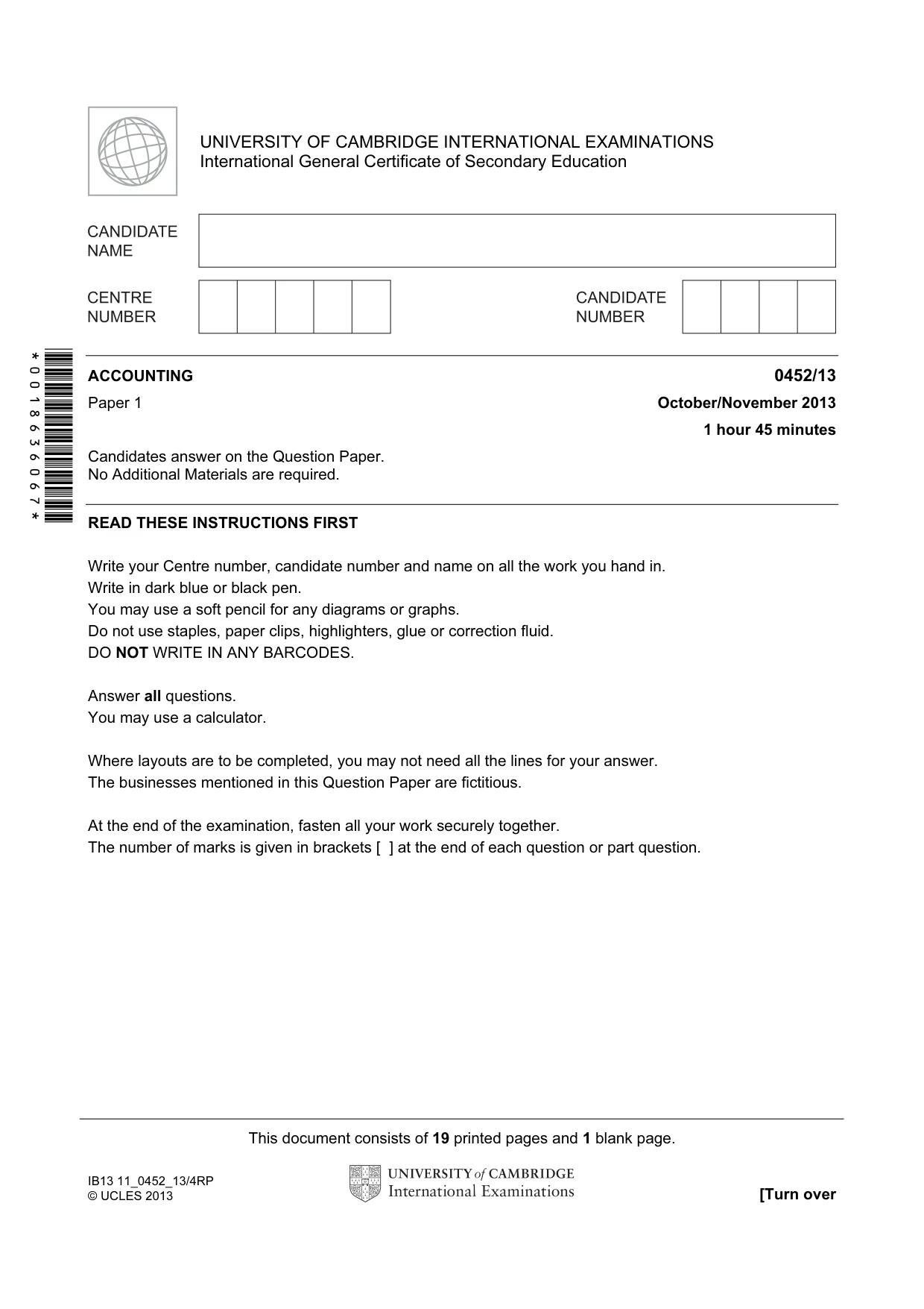 Cambridge IGCSE Accounting 0452 2013 Oct/Nov Paper 1 · Variant 3 question paper, page 1 of 20