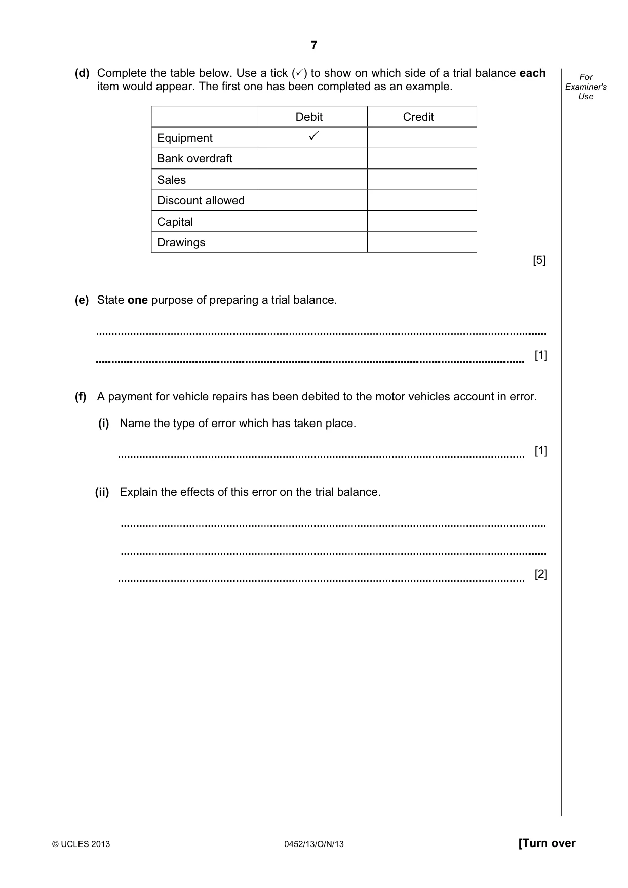 Cambridge IGCSE Accounting 0452 2013 Oct/Nov Paper 1 · Variant 3 question paper, page 7 of 20