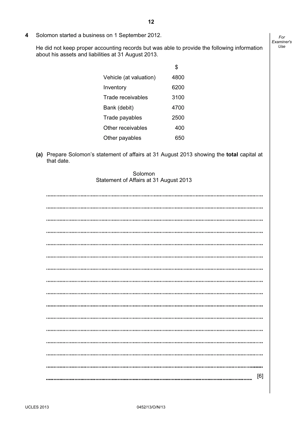 Cambridge IGCSE Accounting 0452 2013 Oct/Nov Paper 1 · Variant 3 question paper, page 12 of 20
