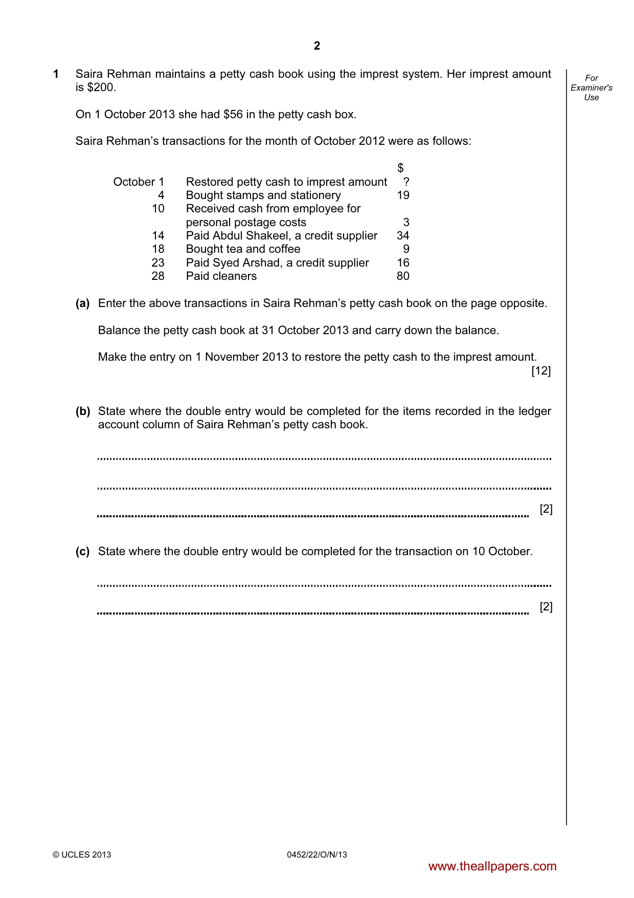Cambridge IGCSE Accounting 0452 2013 Oct/Nov Paper 2 · Variant 2 question paper, page 2 of 20