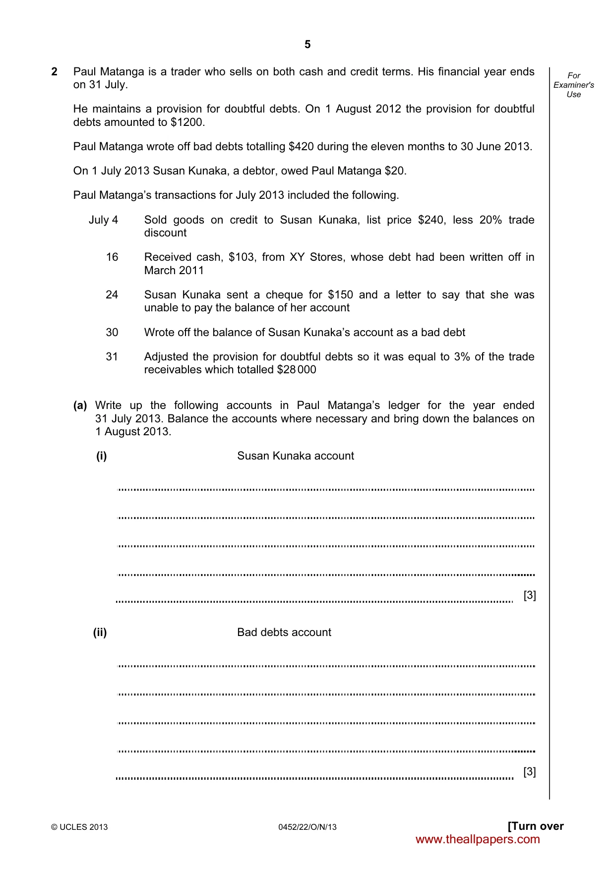 Cambridge IGCSE Accounting 0452 2013 Oct/Nov Paper 2 · Variant 2 question paper, page 5 of 20