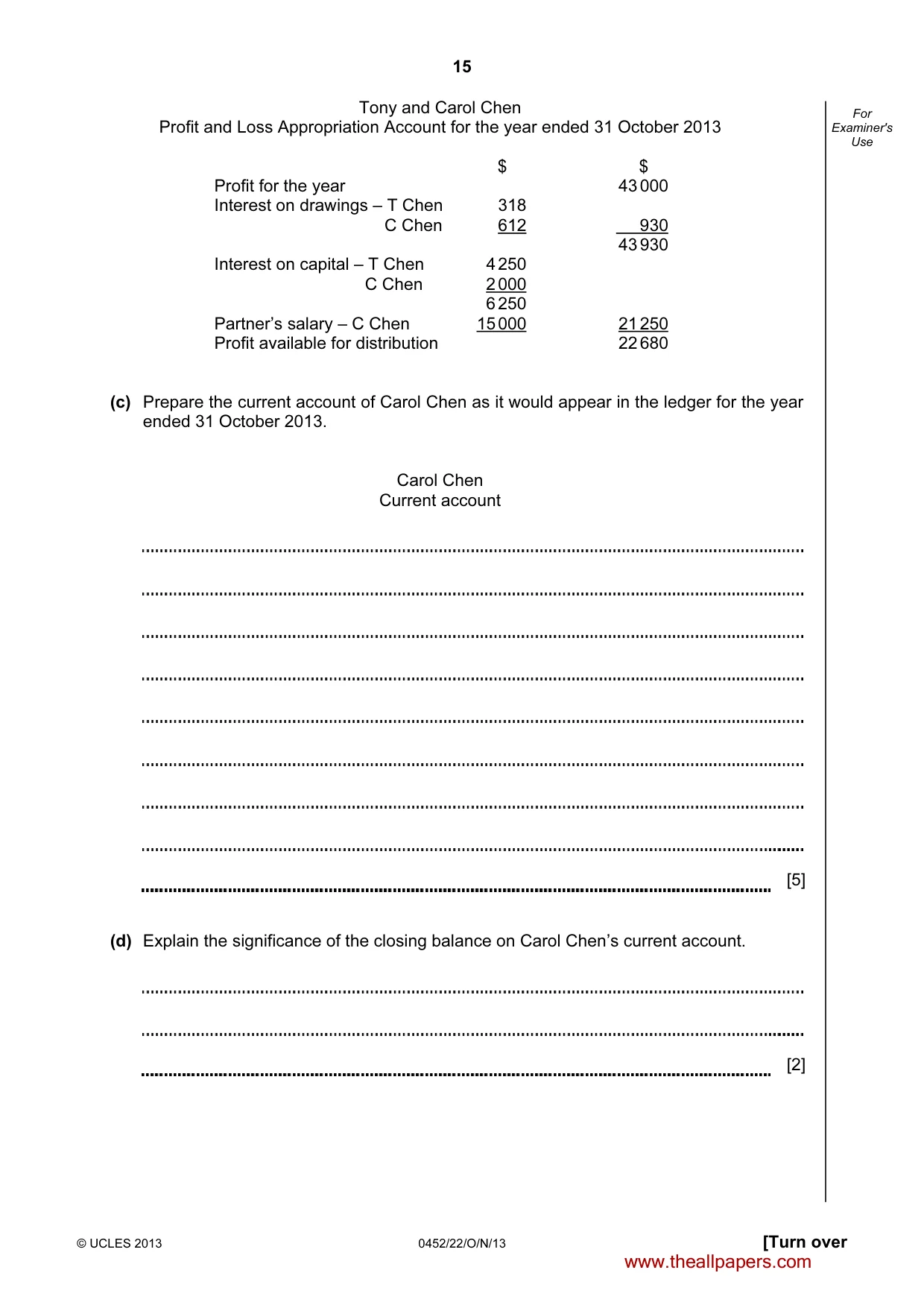 Cambridge IGCSE Accounting 0452 2013 Oct/Nov Paper 2 · Variant 2 question paper, page 15 of 20