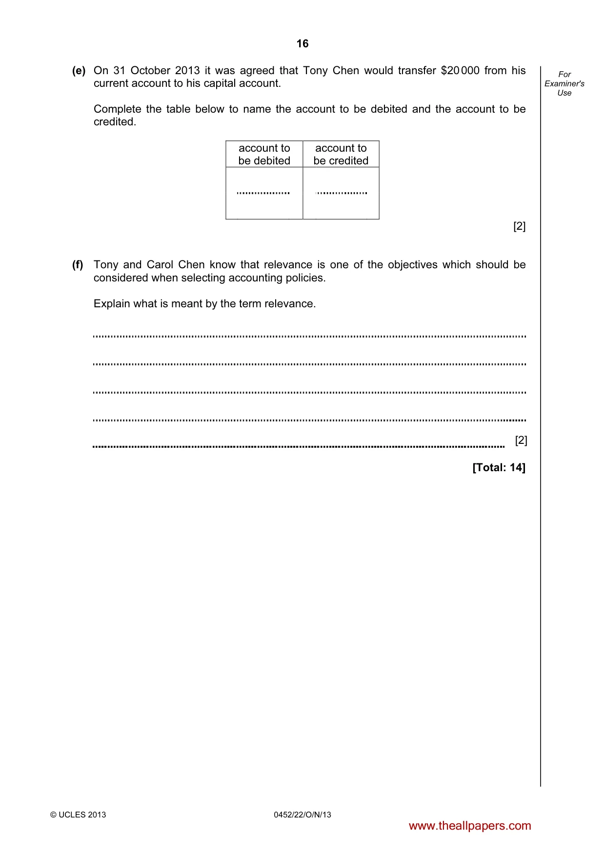 Cambridge IGCSE Accounting 0452 2013 Oct/Nov Paper 2 · Variant 2 question paper, page 16 of 20