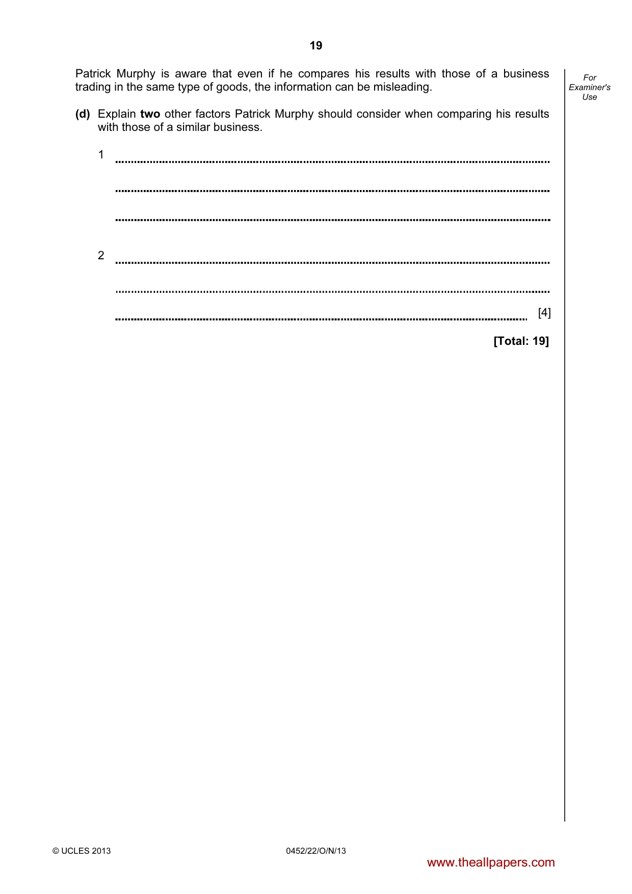 Cambridge IGCSE Accounting 0452 2013 Oct/Nov Paper 2 · Variant 2 question paper, page 19 of 20