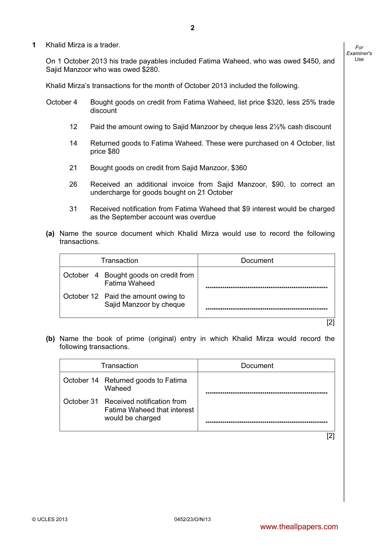 Cambridge IGCSE Accounting 0452 2013 Oct/Nov Paper 2 · Variant 3 question paper, page 2 of 20