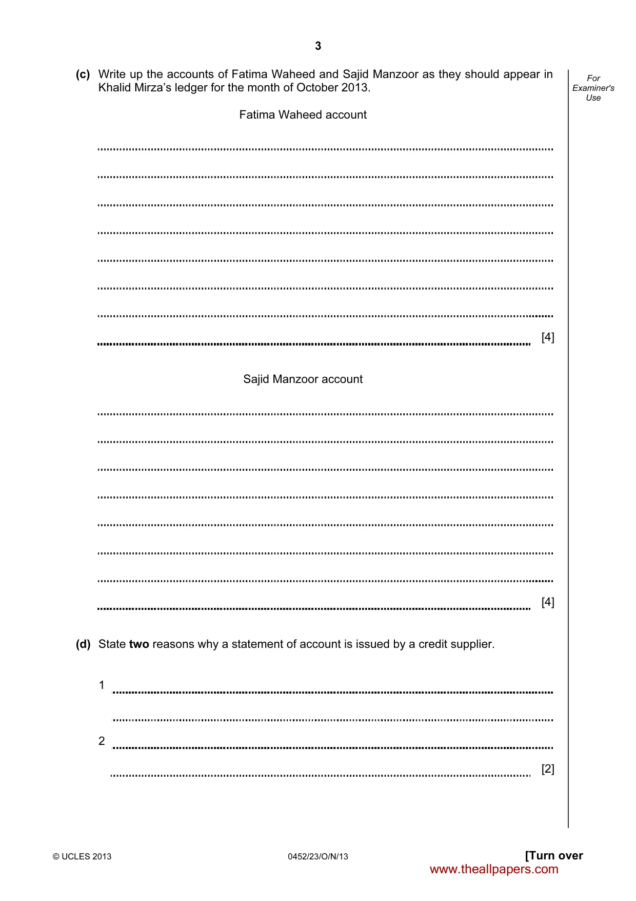 Cambridge IGCSE Accounting 0452 2013 Oct/Nov Paper 2 · Variant 3 question paper, page 3 of 20