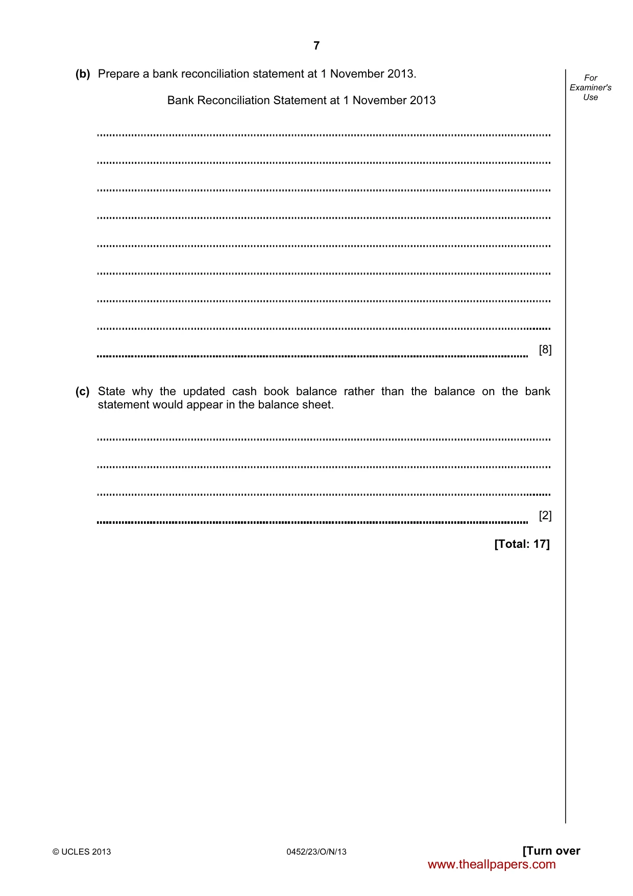 Cambridge IGCSE Accounting 0452 2013 Oct/Nov Paper 2 · Variant 3 question paper, page 7 of 20