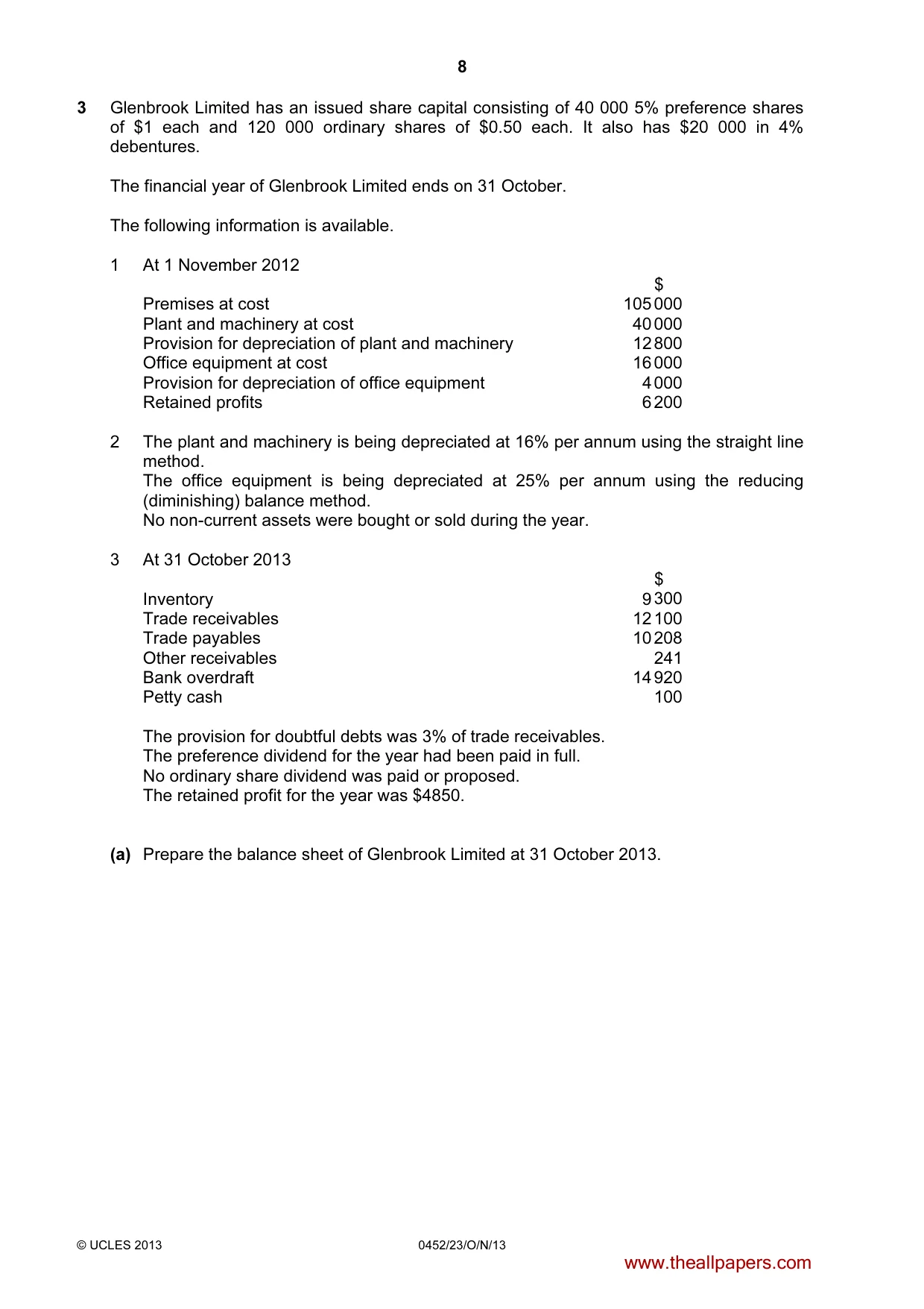 Cambridge IGCSE Accounting 0452 2013 Oct/Nov Paper 2 · Variant 3 question paper, page 8 of 20