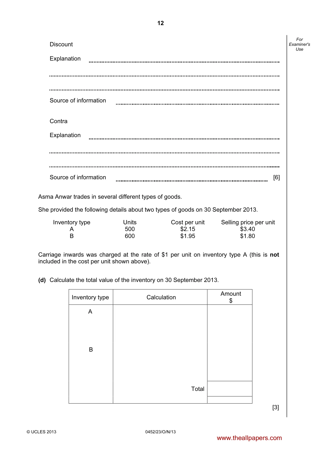 Cambridge IGCSE Accounting 0452 2013 Oct/Nov Paper 2 · Variant 3 question paper, page 12 of 20