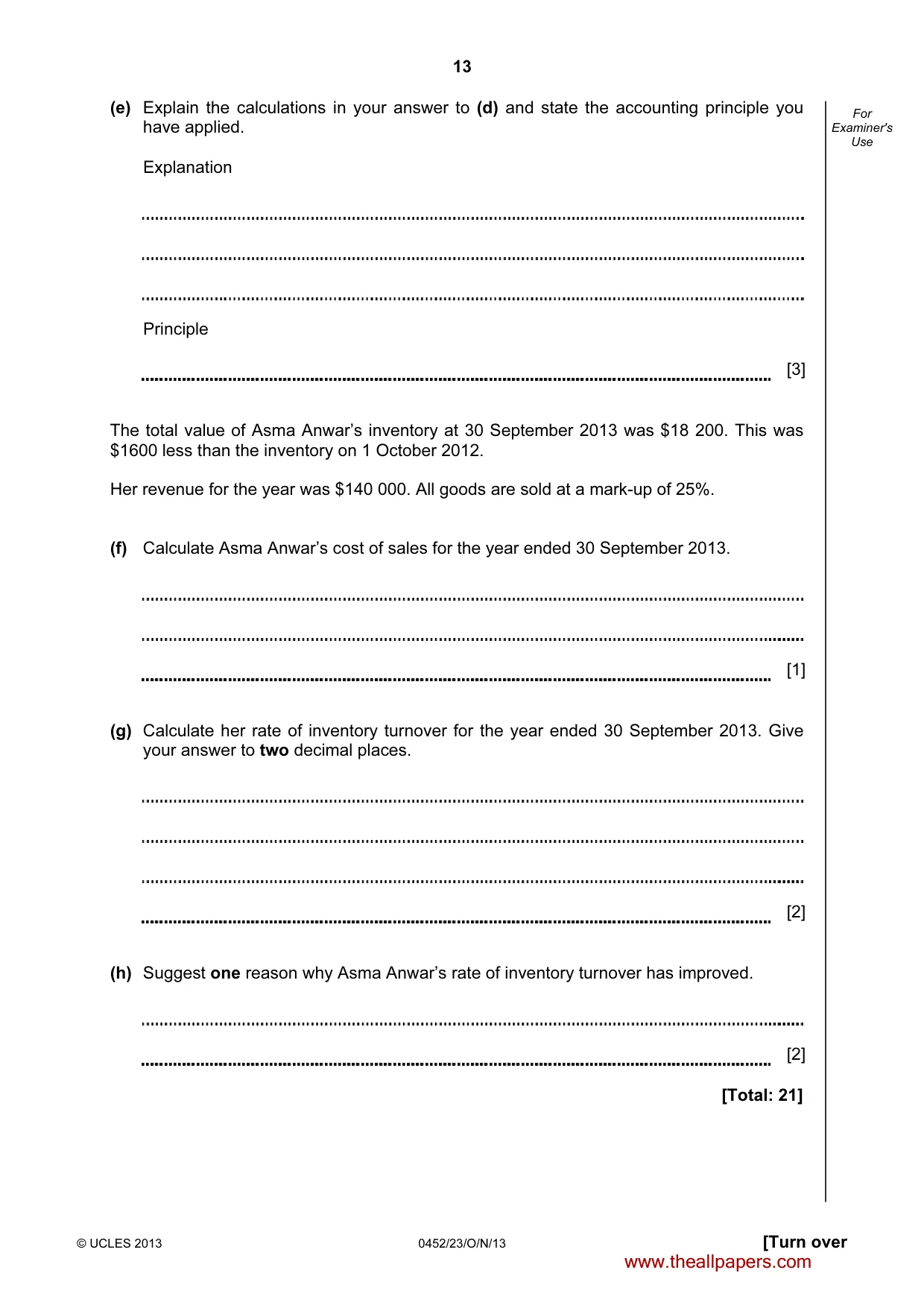 Cambridge IGCSE Accounting 0452 2013 Oct/Nov Paper 2 · Variant 3 question paper, page 13 of 20
