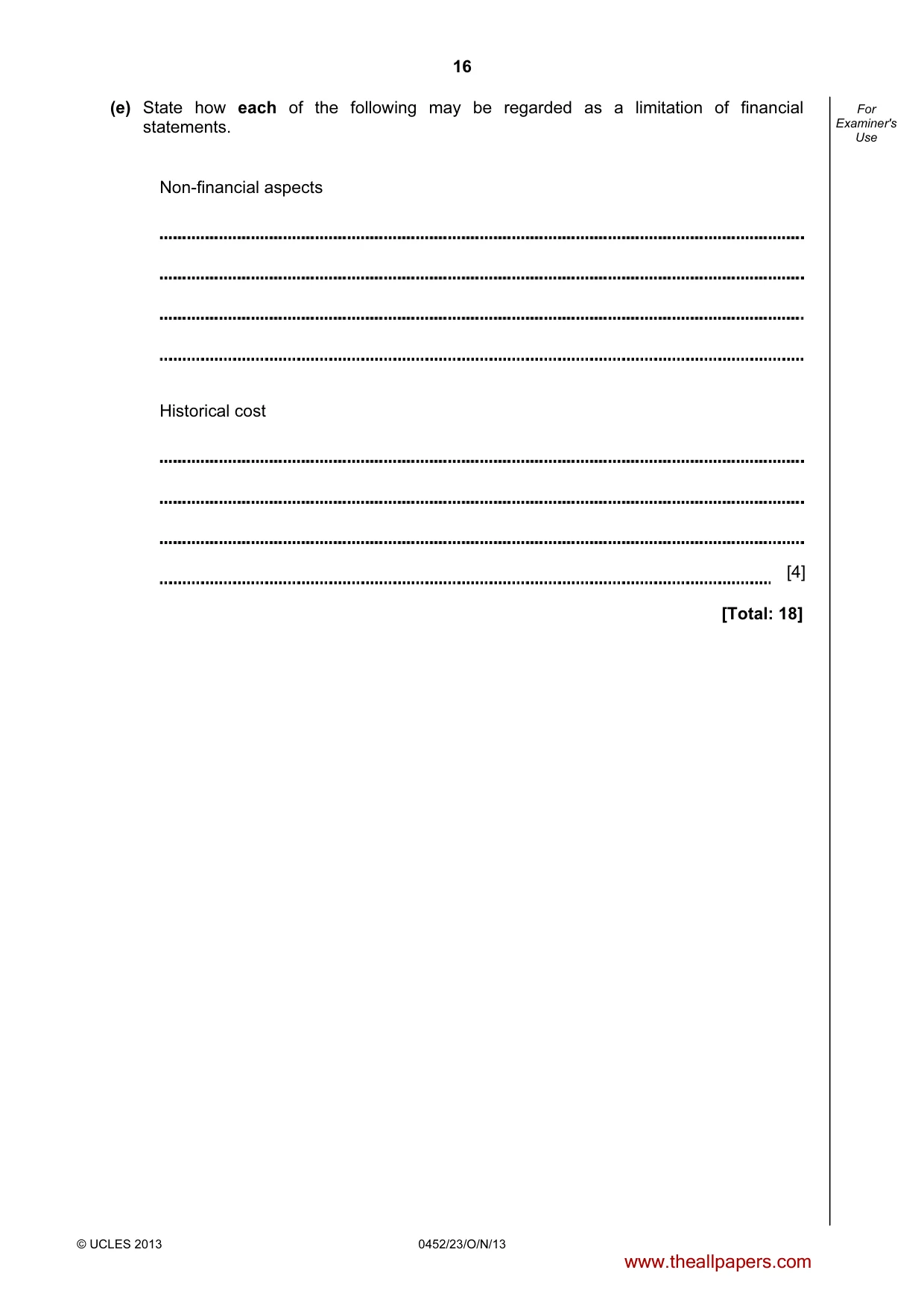 Cambridge IGCSE Accounting 0452 2013 Oct/Nov Paper 2 · Variant 3 question paper, page 16 of 20