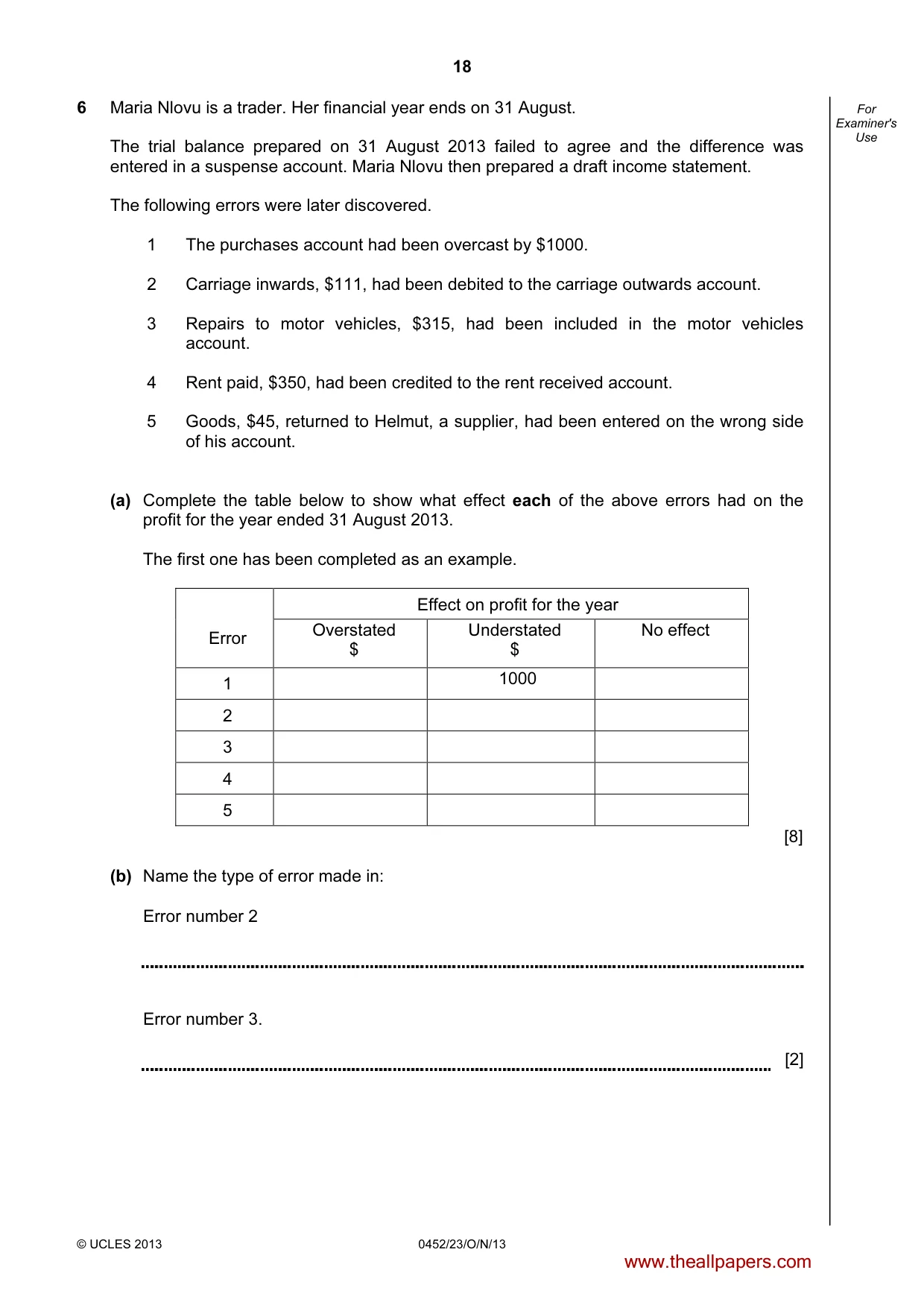 Cambridge IGCSE Accounting 0452 2013 Oct/Nov Paper 2 · Variant 3 question paper, page 18 of 20