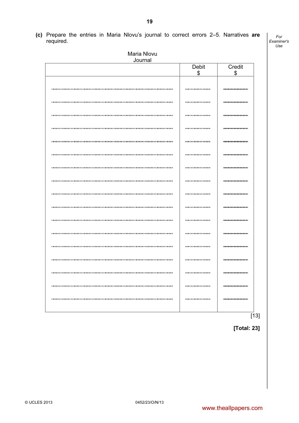 Cambridge IGCSE Accounting 0452 2013 Oct/Nov Paper 2 · Variant 3 question paper, page 19 of 20