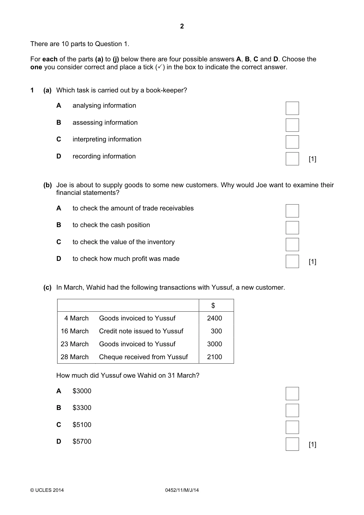 Cambridge IGCSE Accounting 0452 2014 May/June Paper 1 · Variant 1 question paper, page 2 of 20