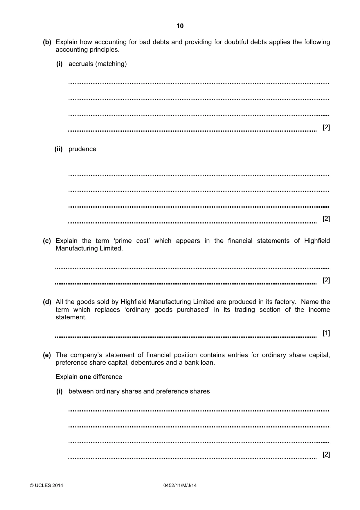 Cambridge IGCSE Accounting 0452 2014 May/June Paper 1 · Variant 1 question paper, page 10 of 20