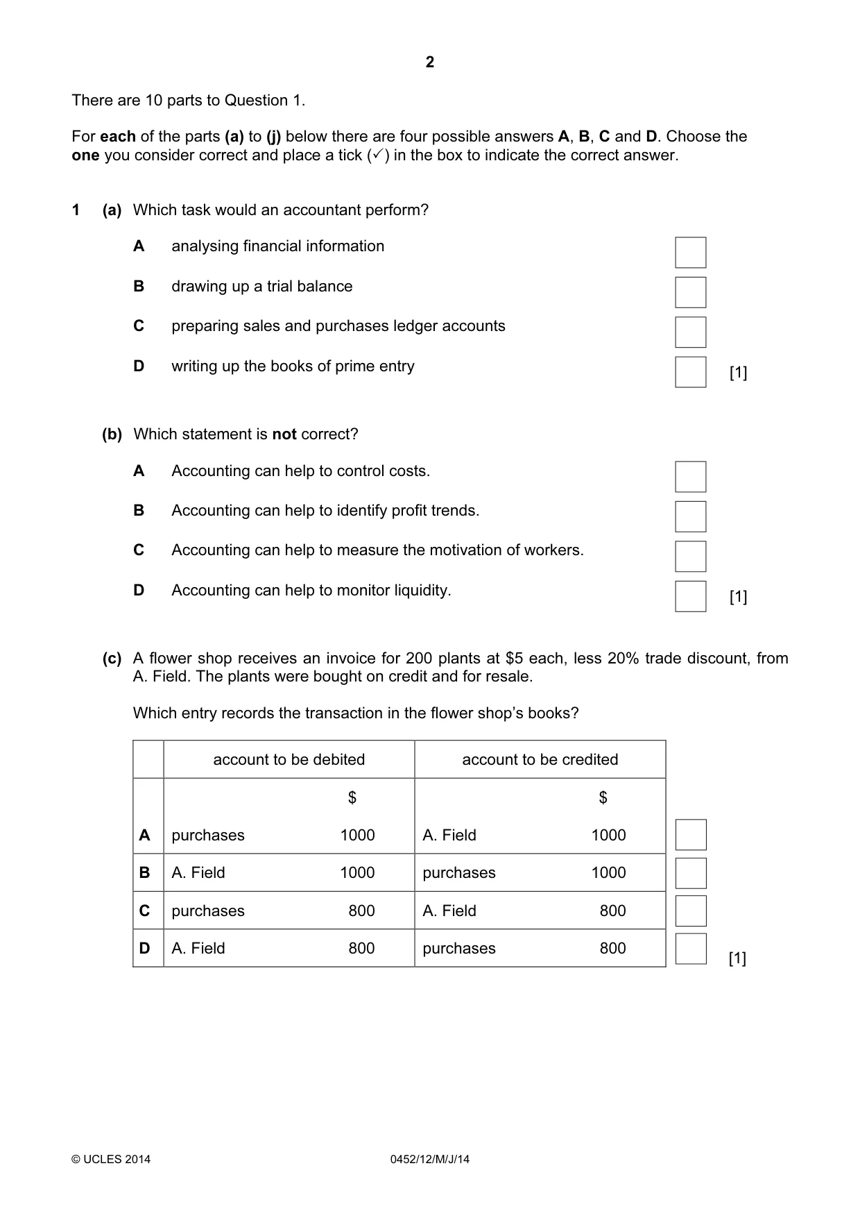 Cambridge IGCSE Accounting 0452 2014 May/June Paper 1 · Variant 2 question paper, page 2 of 20