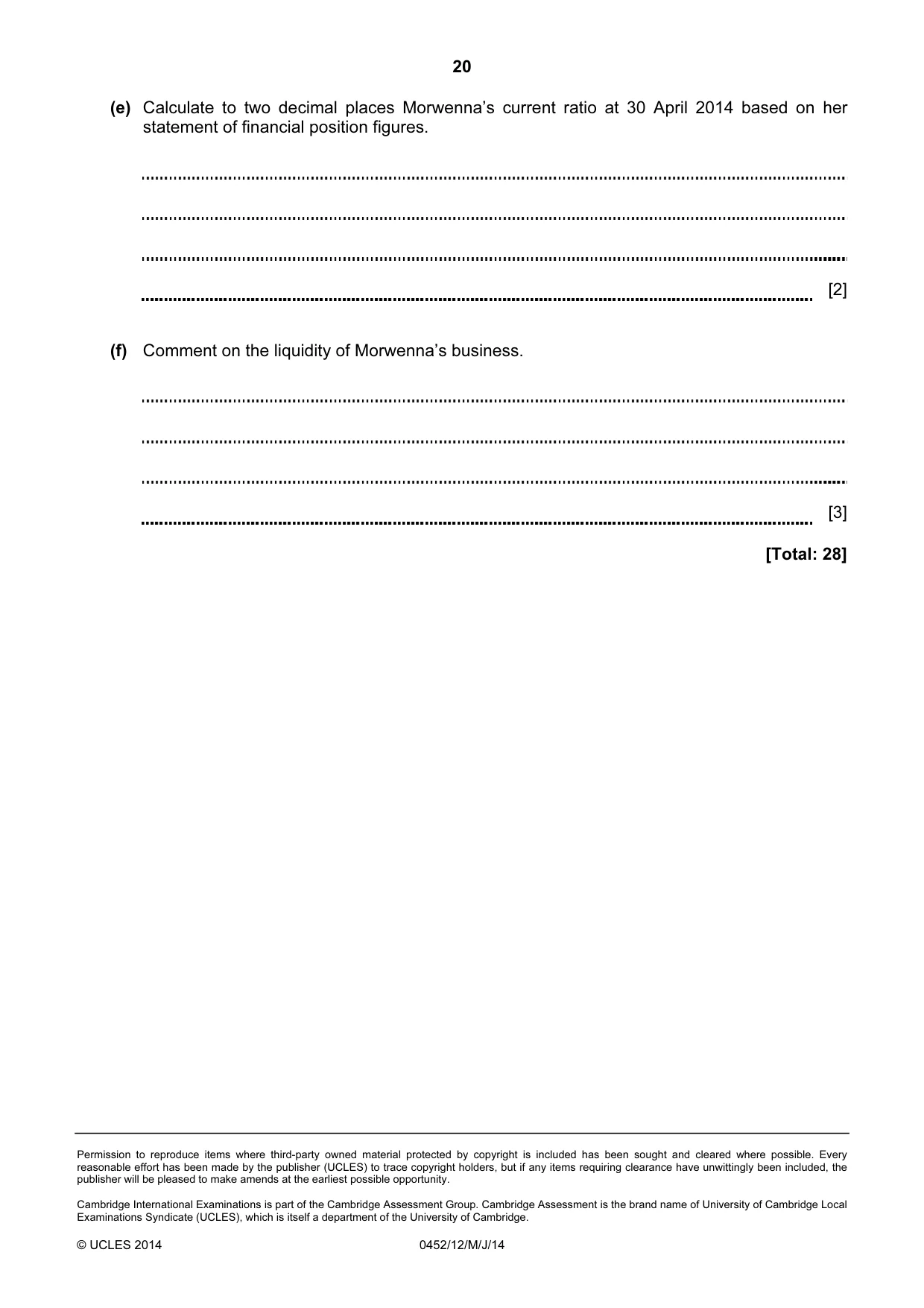 Cambridge IGCSE Accounting 0452 2014 May/June Paper 1 · Variant 2 question paper, page 20 of 20
