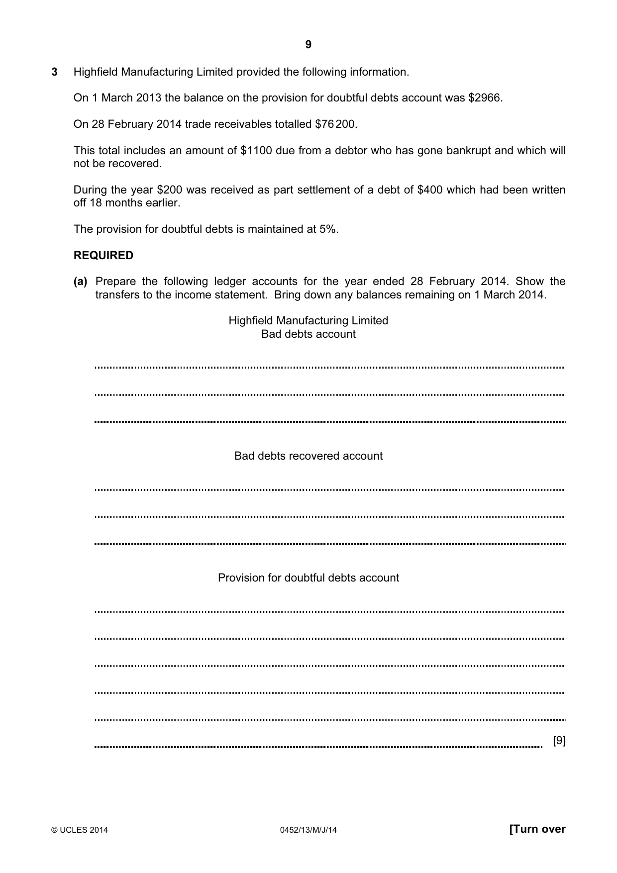 Cambridge IGCSE Accounting 0452 2014 May/June Paper 1 · Variant 3 question paper, page 9 of 20