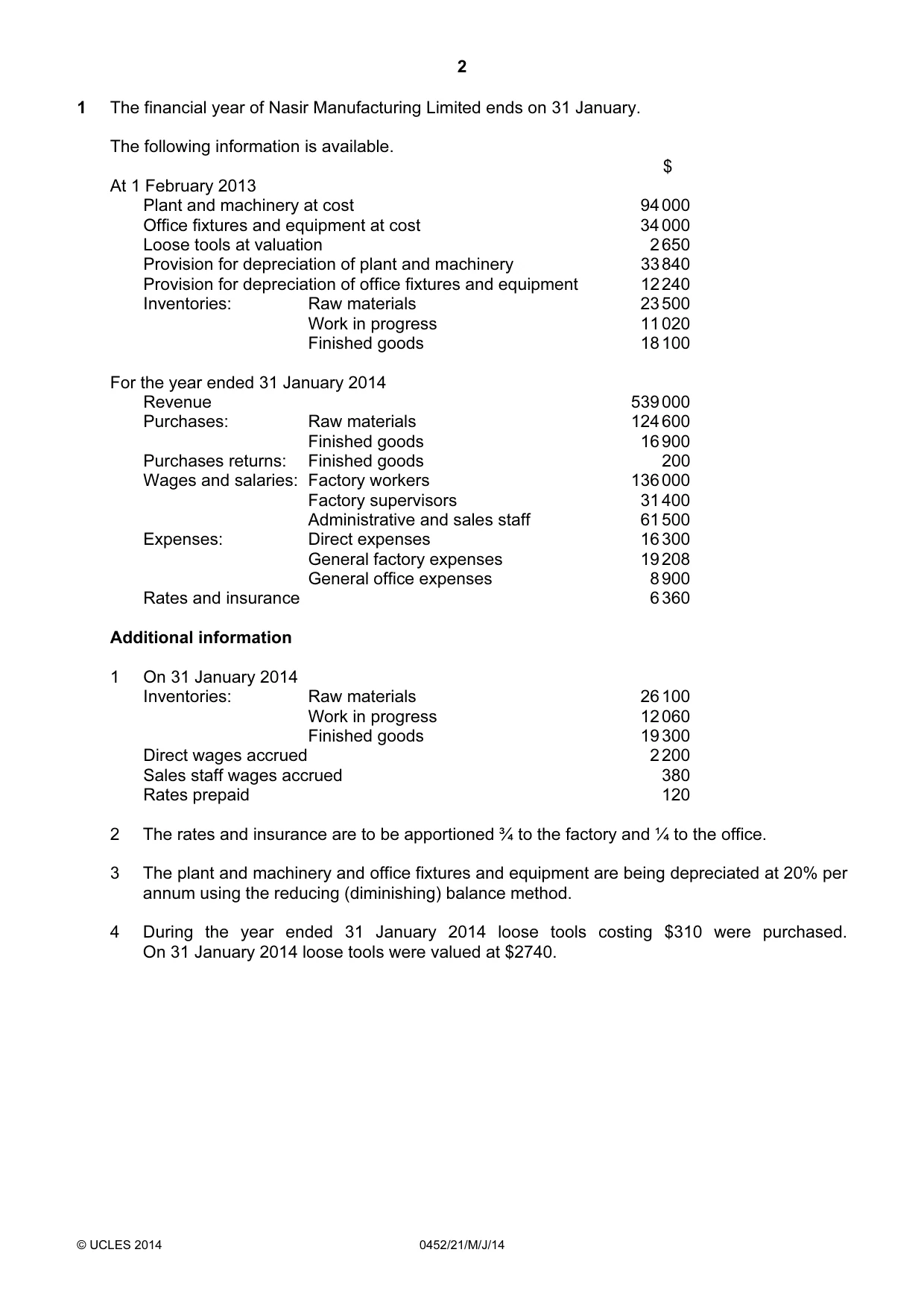 Cambridge IGCSE Accounting 0452 2014 May/June Paper 2 · Variant 1 question paper, page 2 of 20