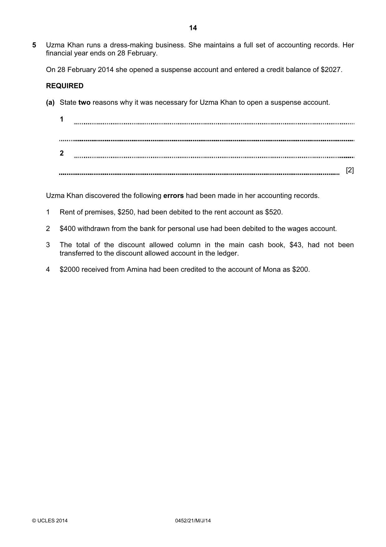 Cambridge IGCSE Accounting 0452 2014 May/June Paper 2 · Variant 1 question paper, page 14 of 20